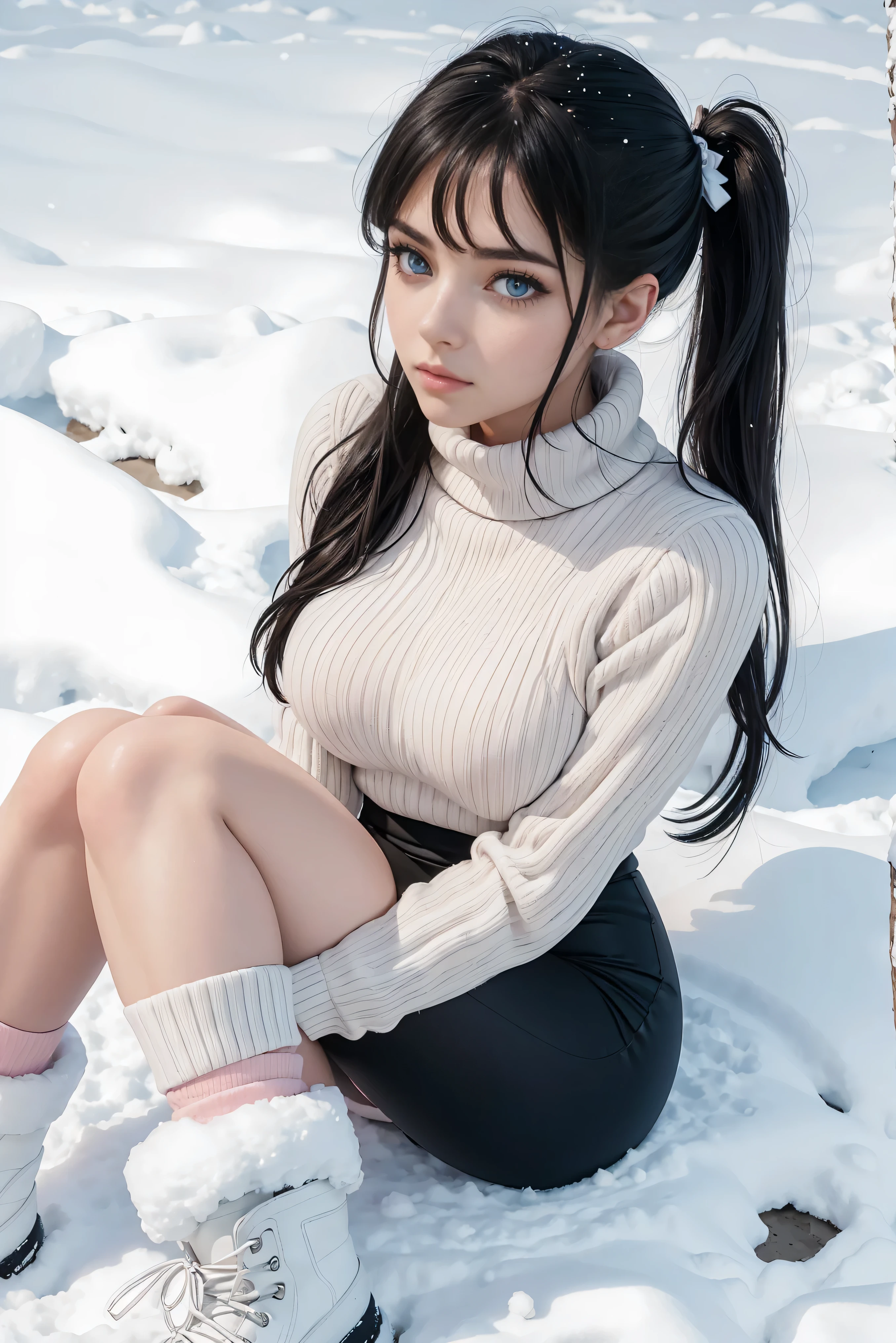 Grey brown hair, frail slender form, small breasts, grey blue eyes, ponytail, skirt, stockings, body clinging black shirt, looking at viewer, full body, high quality, realistic style, snowy mountain background, sitting on sleeping matt , hyper realistic, sexy girl, 8k, hyper realistic, skirt knee high , nice thighs, bangs, uniform bangs, no long bangs,