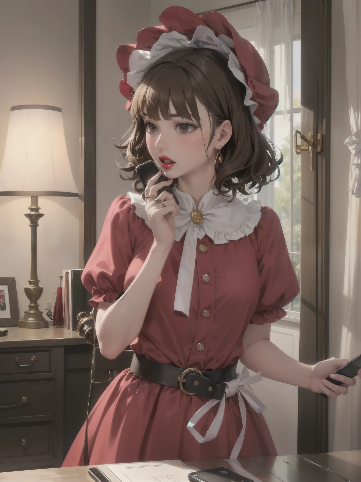 colorful, hezi, cosplay costume, beauty, stunning, 1girl, corded phone, solo, ring, jewelry, brown hair, realistic, talking on phone, phone, earrings, holding, parted lips, brown eyes, bangs, upper body, holding phone, curly hair, bow, looking to the side, bonnet, hair bow, blurry, lamp, lips, black eyes, indoors, blurry background, teeth, kettle, shirt, curtains, hand up, buttons, red lips, looking at viewer, medium hair, hat, nose, cellphone, red dress, dress, short sleeves, short hair, looking away, blunt bangs, open mouth, window, lipstick