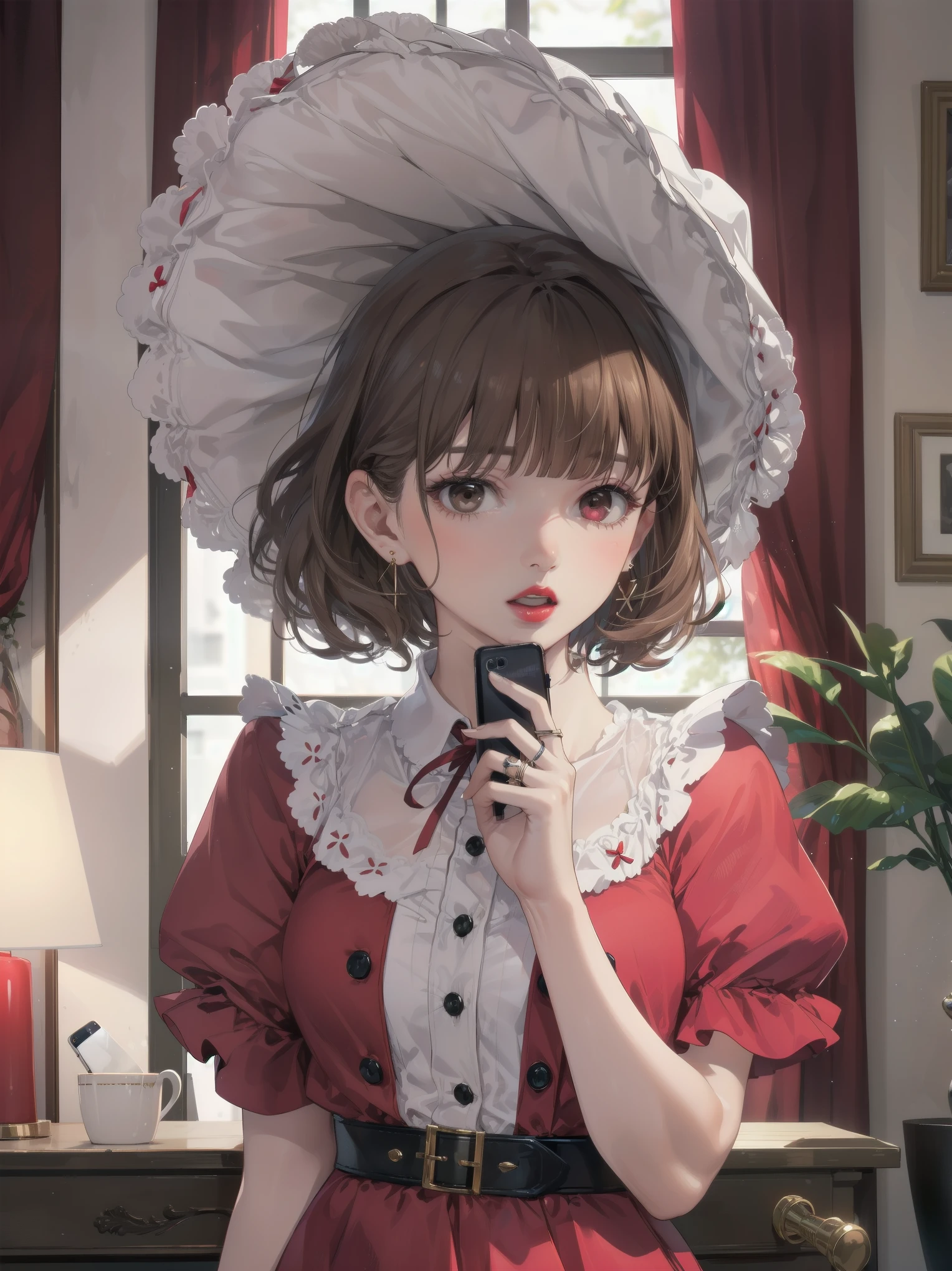 colorful, hezi, cosplay costume, beauty, stunning, 1girl, corded phone, solo, ring, jewelry, brown hair, realistic, talking on phone, phone, earrings, holding, parted lips, brown eyes, bangs, upper body, holding phone, curly hair, bow, looking to the side, bonnet, hair bow, blurry, lamp, lips, black eyes, indoors, blurry background, teeth, kettle, shirt, curtains, hand up, buttons, red lips, looking at viewer, medium hair, hat, nose, cellphone, red dress, dress, short sleeves, short hair, looking away, blunt bangs, open mouth, window, lipstick