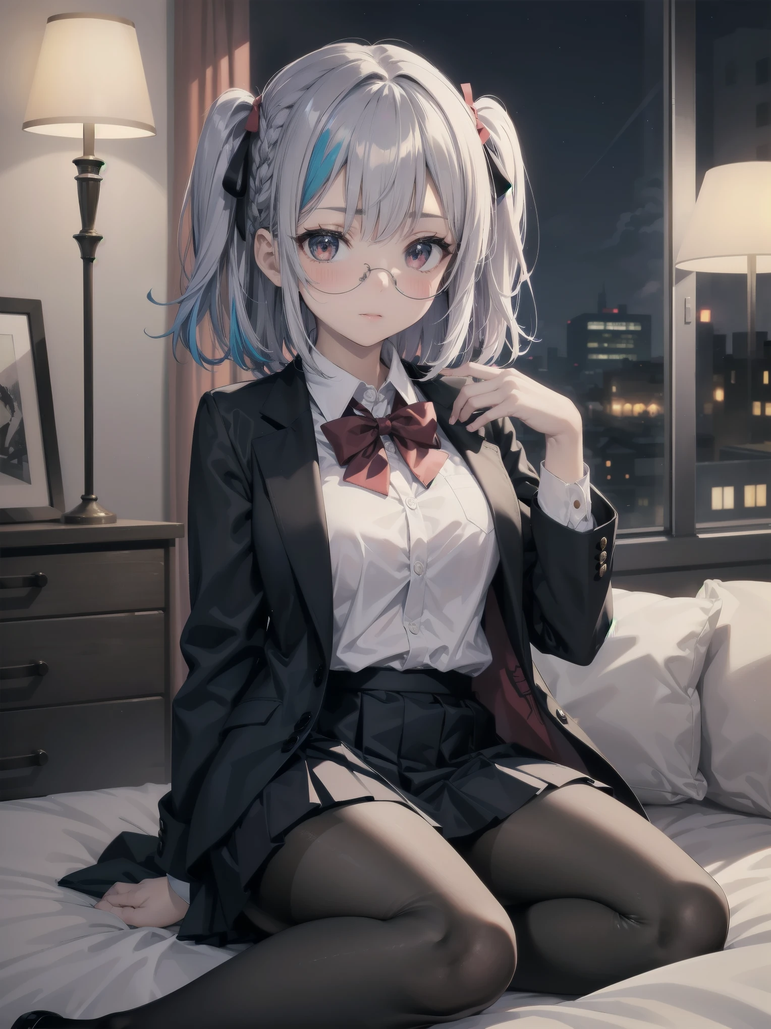 masterpiece, highest quality, High resolution, super detailed, 1 girl、solo、medium hair、braid、colorful hair,one side up,parted bangs,side lock,hair ribbon,Jacket,black Jacket,open Jacket,red bow tie,vest,brown vest,shirt,white shirt,short sleeve,shorter than long sleeve,skirt,black skirt,pantyhose,brown 黒色のpantyhose,Argyle Legwear,indoor,sitting,bed,blush,(embarrassing:1.2),(night:1.4),