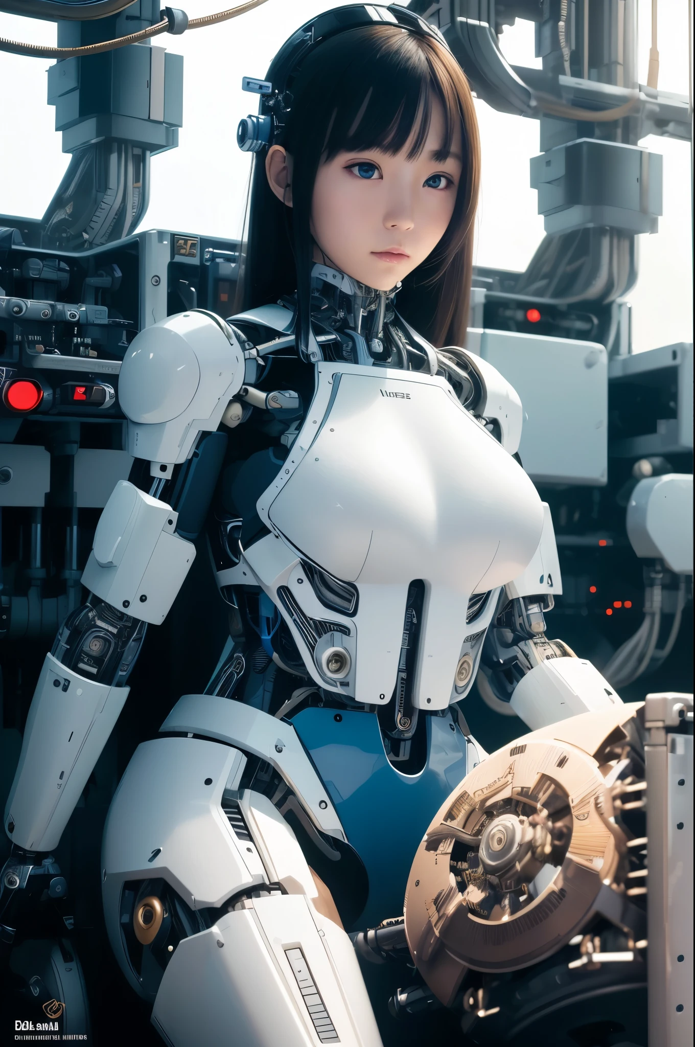 photorealistic, a woman in a white (lace, gold cyborg suit:1.55) (sitting on top of a table:1.4) (turned towards the viewer:1.2), (open legs:1.4), dark gold long hair, cyborg, robotic parts, beautiful detailed body and face, (looking left side:1.3), (gigantic cleavage breasts:1.2), (gigantic breasts:1.2), sakimichan hdri, amouranth, a beautiful detailed orixa, 2049, chiaki nanami, afro futuristic, made in maya, sam yang, 2070, cyborg, robotic parts, 150 mm, beautiful studio soft light, rim light, vibrant details, luxurious cyberpunk, lace, hyperrealistic, anatomical, facial muscles, cable electric wires, microchip, elegant, beautiful background, octane render, 8k, best quality, masterpiece, illustration, an extremely delicate and beautiful, extremely detailed ,CG ,unity ,wallpaper, (realistic, photo-realistic:1.37), Amazing, finely detail, masterpiece, best quality, official art, extremely detailed CG unity 8k wallpaper, absurdres, incredibly absurdres, robot, Violet halmet, full body, sitting, (sfw:1.5),