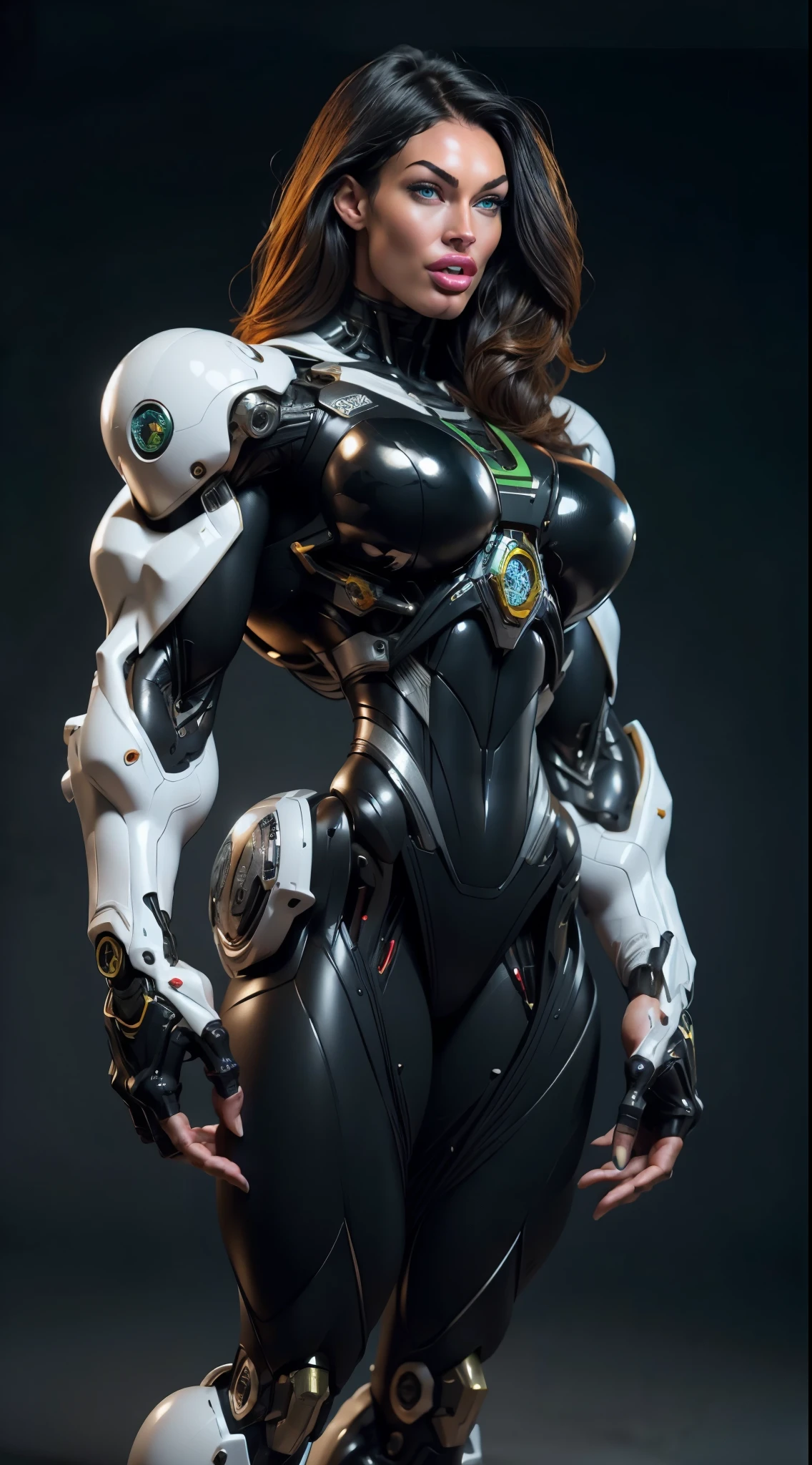 (1 girl), (megan fox:1.25), (muscular android girl wearing a black anatomic cybernetic muscle suit:1.25), (wide shoulders:1.25), (muscular defined physique:1.25), perfect hands, long hair, large breasts, high resolution image, extreme detail, blank background