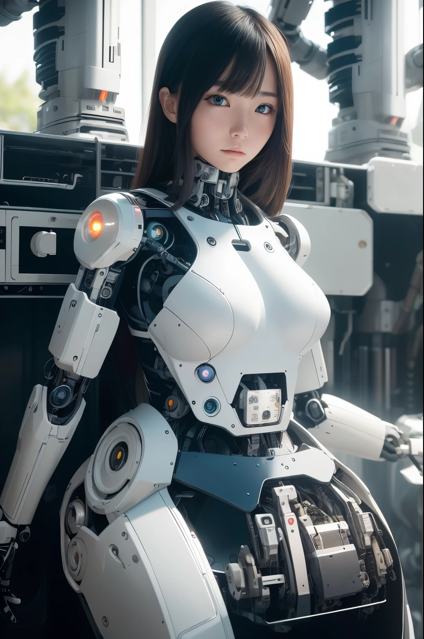 masterpiece, best quality, extremely detailed, Japaese android girl,Plump ,control panels,android,Droid,Mechanical Hand, Robot arms and legs,Blunt bangs,perfect robot girl,long tube,thick cable connected her neck,android,robot,humanoid,cyborg,japanese cyborg girl ,robot-assembly plant,She has assembled now,assembly scene,chest monitor,blue eyes