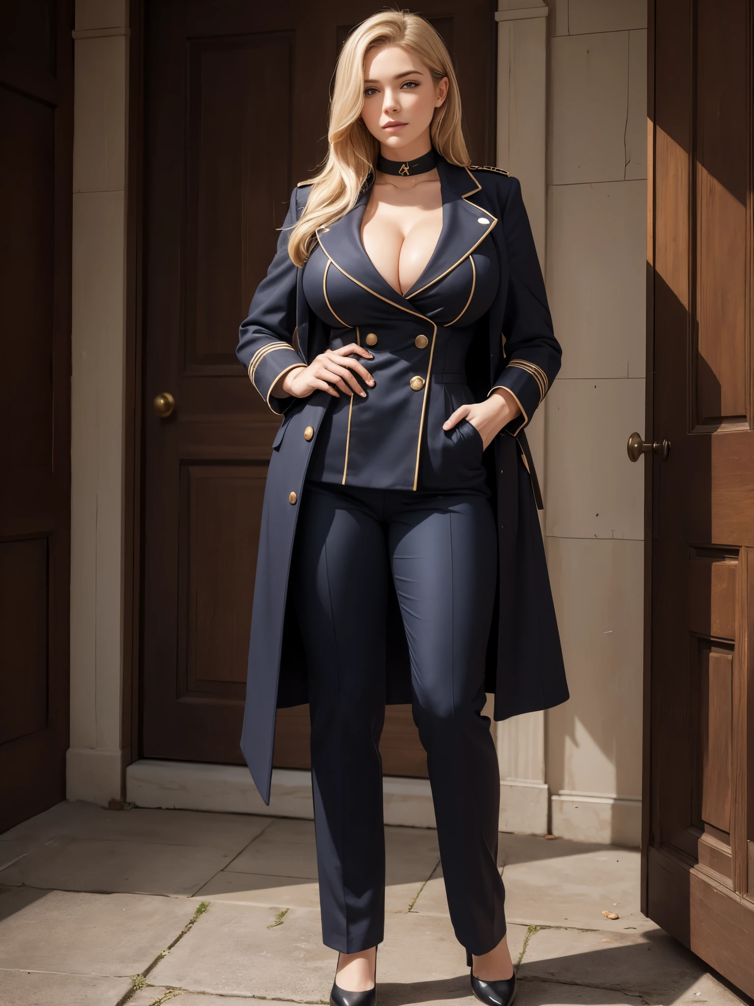 young adult girl, Tall stature, little chest, closed mouth, Slavic appearance: Green eyes; blond hair; sharp facial features; dimple on the chin; Straight nose; high nose; pronounced high cheekbones; high forehead, stands upright, (gigantic breast detailed face, military uniform: double-breasted overpants, Full-length painting, leather gloves, full body shot