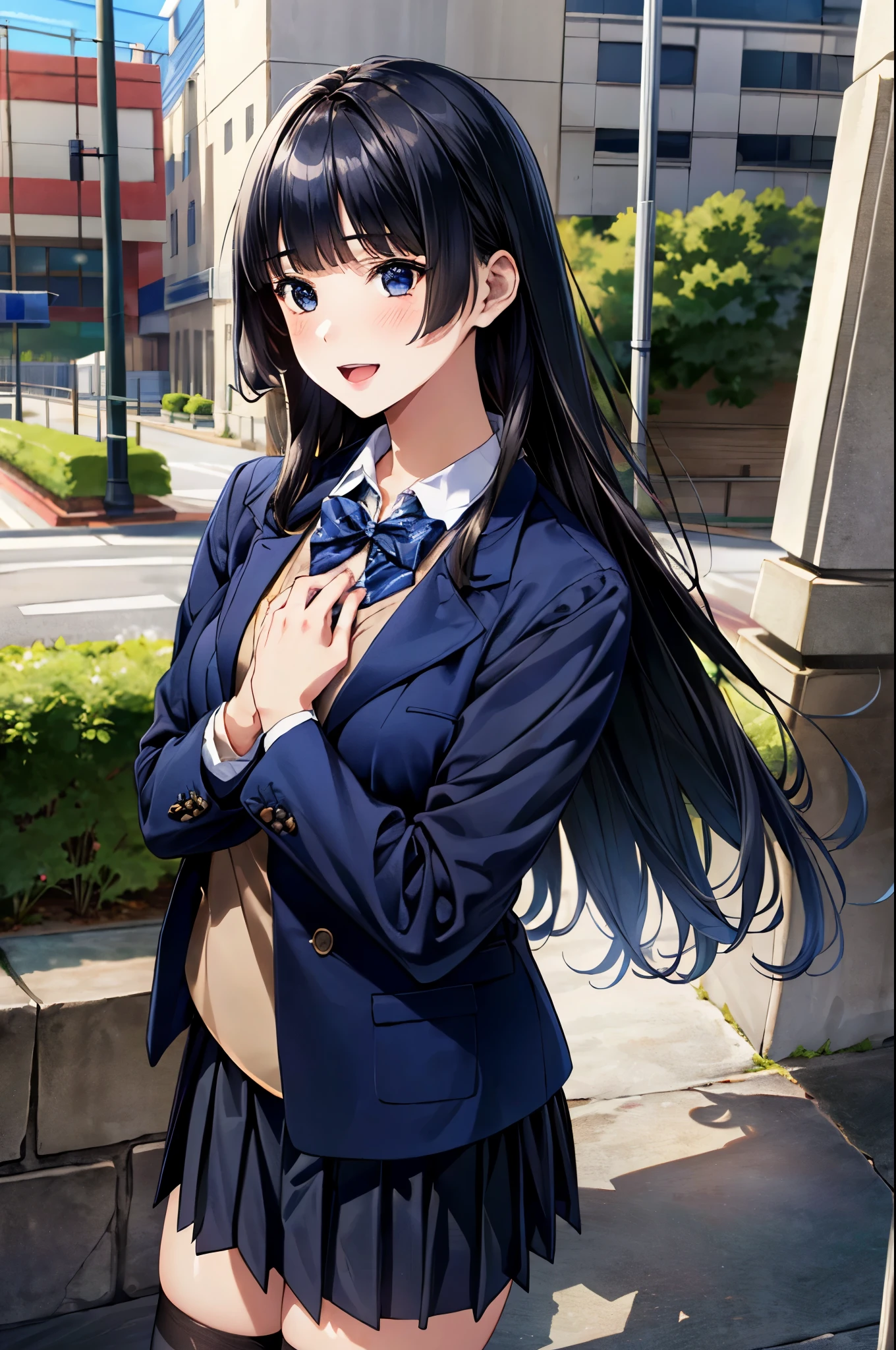 (masterpiece:1.2, top-quality), (realistic, photorealistic:1.4), beautiful illustration, (natural side lighting, movie lighting), ,
looking away, (face focus, upper body, front view:0.6), 1 girl, high school girl, japanese, perfect face, perfect anatomy, cute and symmetrical face, (round face), shiny skin,
(long hair:1.6, hime cut:1.5, black hair), blunt bangs, blue eyes, big eyes, long eye lasher, (medium breasts),
beautiful hair, beautiful face, beautiful detailed eyes, beautiful clavicle, beautiful body, beautiful chest, beautiful thigh, beautiful legs, beautiful fingers,
(((navy clothes), school blazer, closed blazer, white collared shirts, navy pleated mini skirt), dark red bow tie, gray thigh-highs),
(beautiful scenery), depth of field, morning, (riverside, cityscape in the distance), standing, hands on own chest, (lovely smile, open mouth),