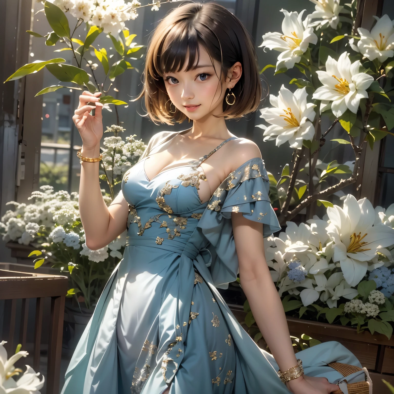 Araffe asian woman in a blue dress posing for a picture - SeaArt AI