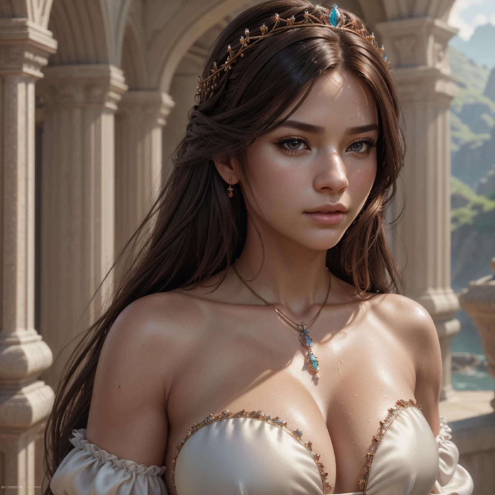 high level of detail, best quality, masterpiece, 1girl, garnet-smf, jewelry, solo, necklace, dress, long hair, tiara, , brown eyes, gloves, brown hair, elbow gloves, cleavagshoulders, medium breasts, white strapless, wedding dress, white gloves, lips, strapless dress, princess ,lips, black hair, skin tight, cowboy shot, collarbone, low-tied long hair, outdoors, castle, clouds, garnet from final fantasy 9, (masterpiece, best quality:1.2),(8k,highres,RAW photo,realistic,photo-realistic:1.3),(detailed skin texture,detailed cloth texture,beautiful detailed face:1.25),professional lighting,photon mapping,beautiful soft light,radiosity,physically-based rendering,model shoot style, model shoot style, (extremely detailed CG unity 8k wallpaper), full shot body photo of the most beautiful artwork in the world, complex 3d render ultra detailed, looking at viewer, 18 yo, wet hair, real human skin, vibrant details, hyperrealistic, beautiful, octane render, 8k, best quality, masterpiece, an extremely delicate and beautiful, extremely detailed ,CG ,unity ,wallpaper, (realistic, photo-realistic:1.37),Amazing, finely detail, masterpiece,best quality,official art, extremely detailed CG unity 8k wallpaper ,extreme detailed eyes, (perfect face), shiny skin, colorful, highest detailed, vibrant colors, ultra high res, (high contrast), intricate, lens flare,