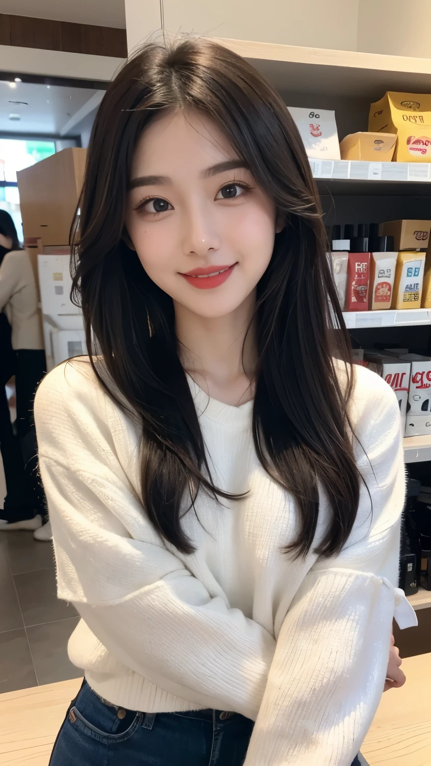 beautiful girl, korean makeup, korean girl, red lips, smiling, girl having coffee in the store.