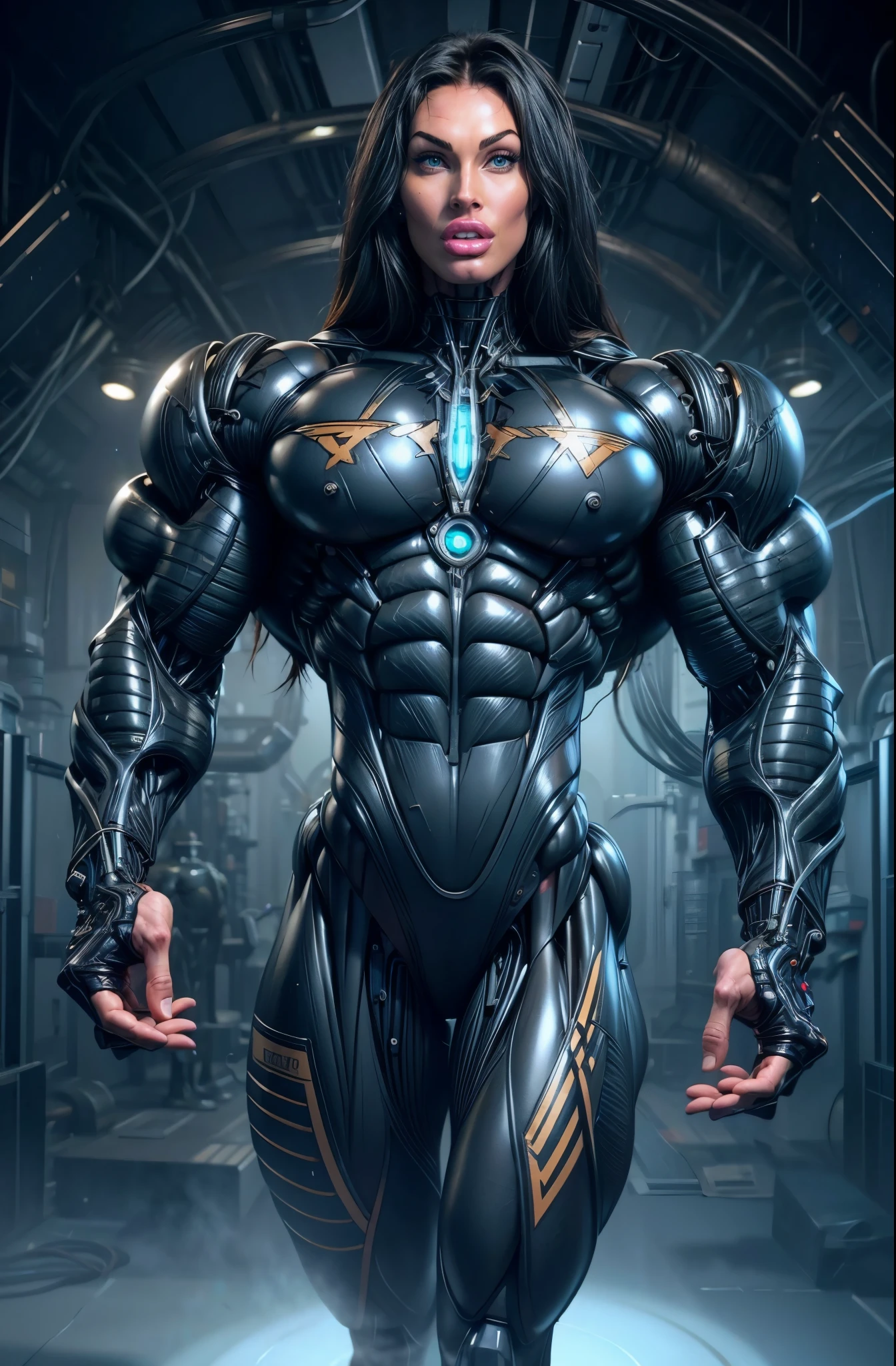 (1 girl), (megan fox:1.25), (muscular android girl wearing a black anatomic cybernetic muscle suit:1.25), (wide shoulders:1.25), (muscular defined physique:1.25), perfect hands, long hair, large breasts, high resolution image, extreme detail, blank background