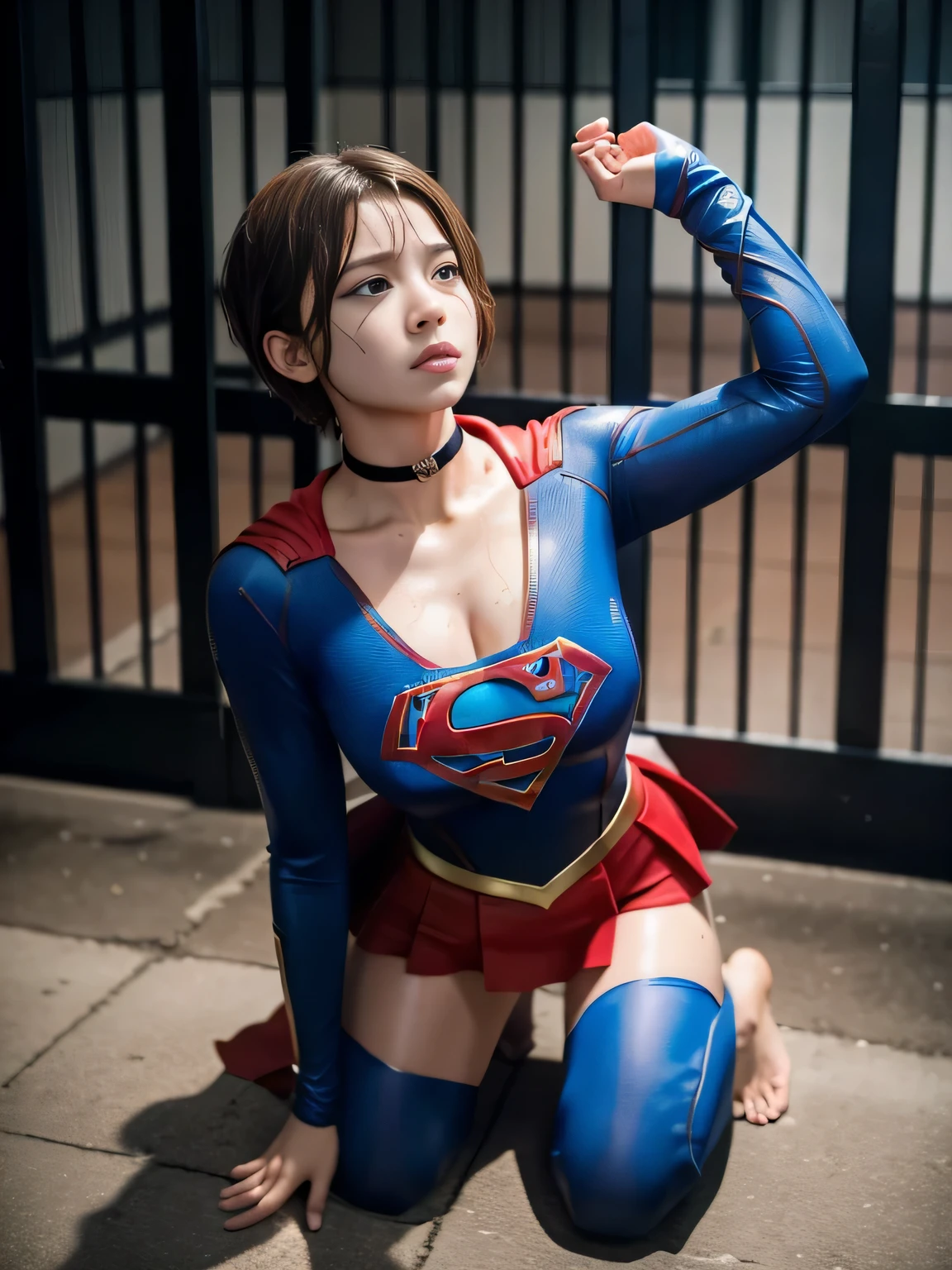 masterpiece、supergirl costume、short hair、barefoot、big and full breasts、torture、Crisis situation、prison、in a cage、insult、kneel down、sweaty、shiny、looking at camera、Seduce、choker、long sleeve、red sexy pose、POW camps、humiliating