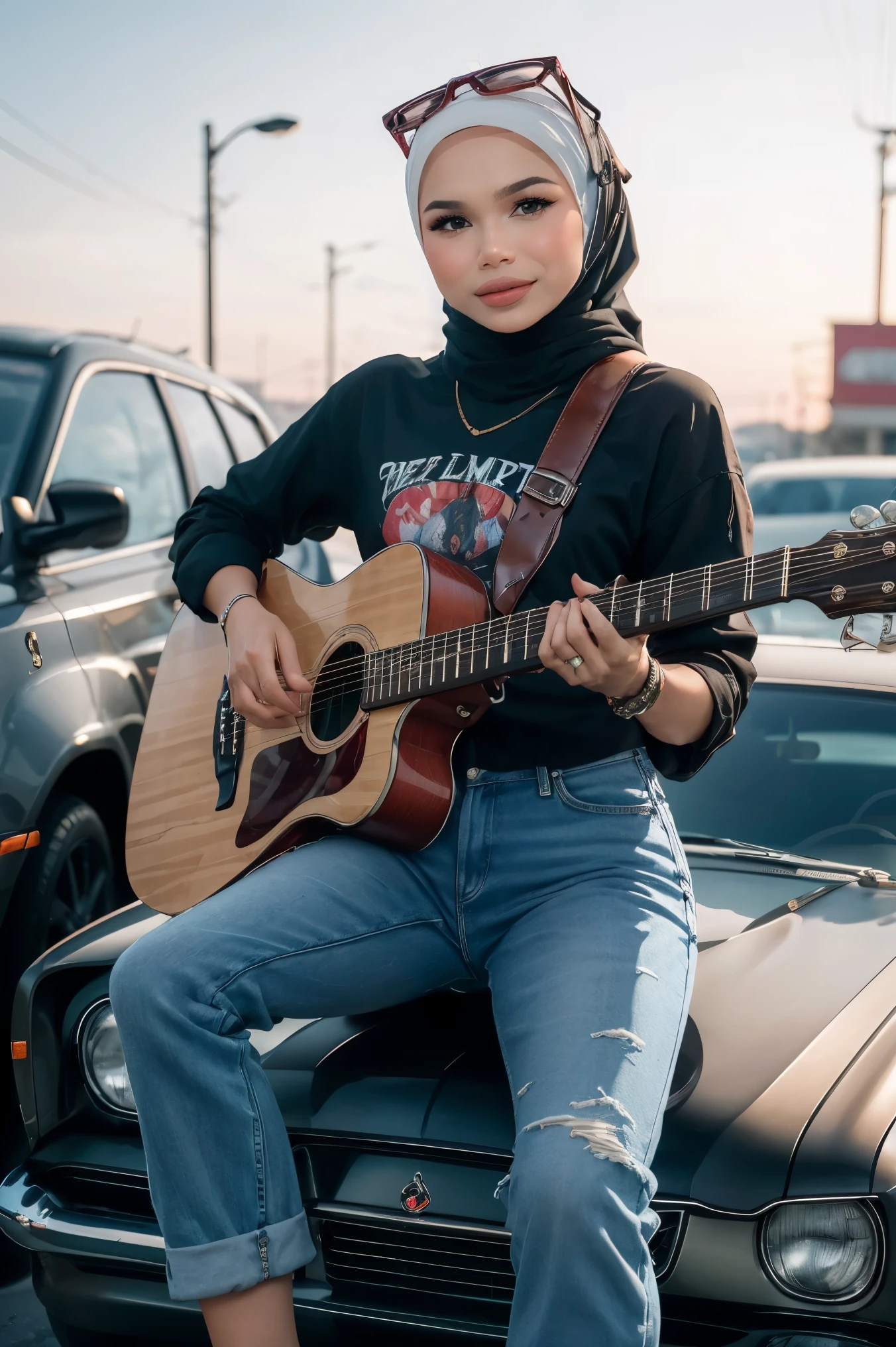 Craft an atmospheric portrait that captures the Malay girl in hijab in a moment of musical ecstasy playing guitar, surrounded by the gritty elegance of a classic motorbike, embodying the spirit of rock 'n' roll