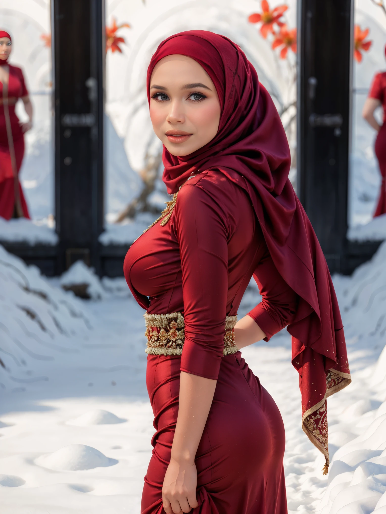 close-up portrait of a beautiful woman nice hijab style, at the snow jungle, wearing red dress, tight, (backlight), realistic, masterpiece, high quality, lens reflection, shadow, flower, [[chromatic aberration]], by Jeremy Lipking, by Antonio J. Manzanedo, digital painting, looking at viewer