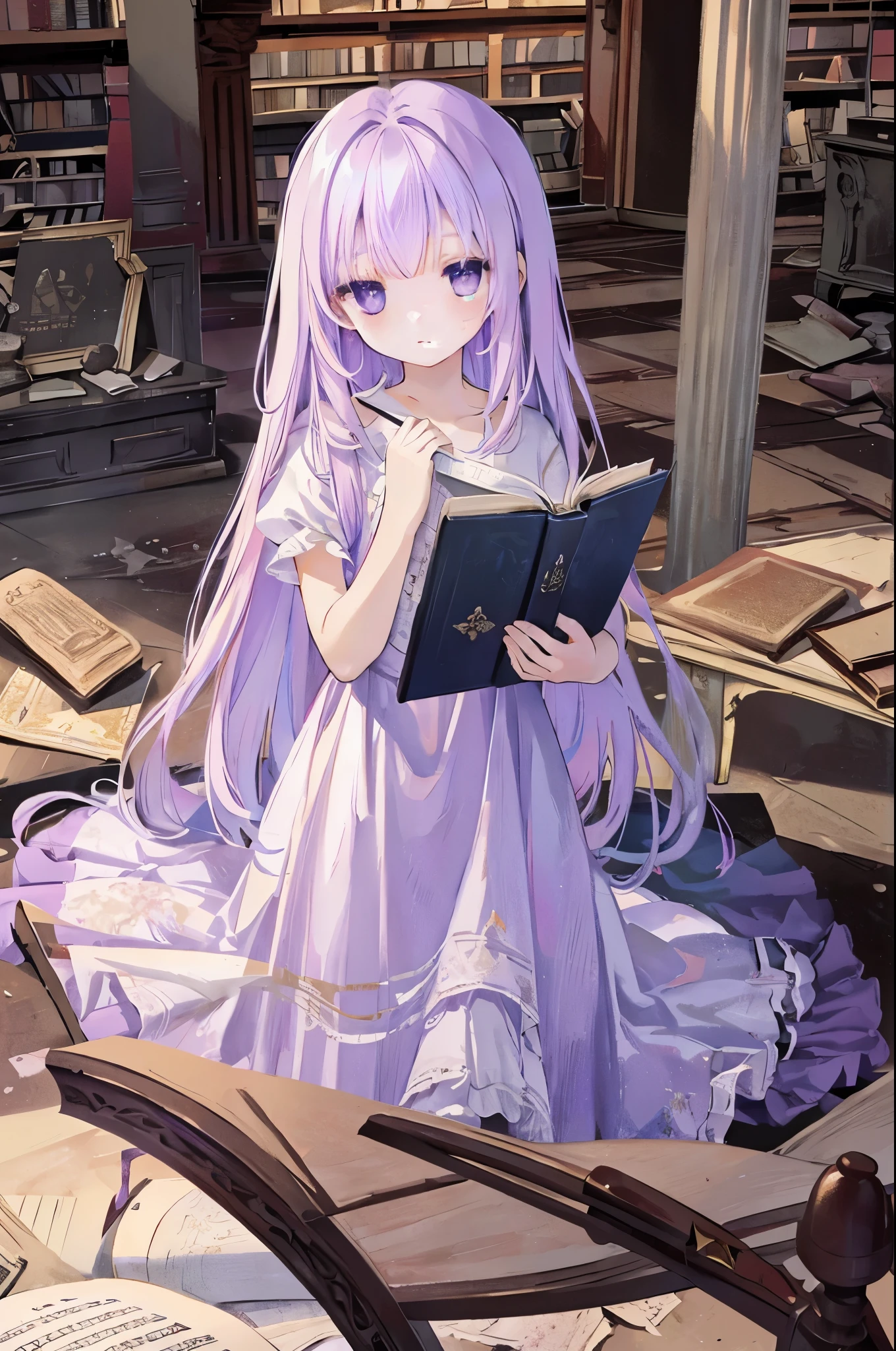 confused, High resolution, (An illustration: 1.3)、 ((debris flies)), anime、((highest quality)), (Super detailed), (beautiful), ((Set in a large detailed dark abandoned library:1.3)), alone,(12 years old:1.3)、cute face、Full body Esbian、((Holding a book in one hand while wearing an Alice in Wonderland costume:1.2)),white and transparent skin、bathed in blood、beautiful detailed purple eyes、Shiny pale colorful purple long hair,Be shy and look away、(Hotel Big Size Bed)、Low - Angle、(sleepy face)、