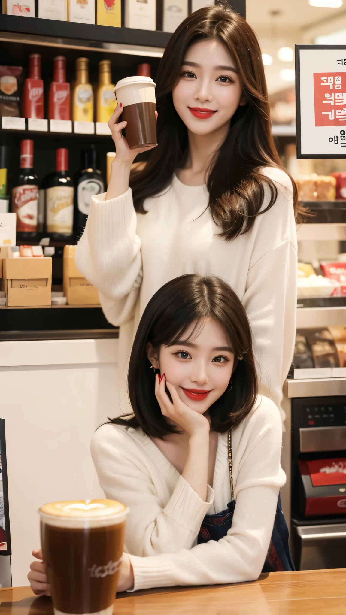 beautiful girl, korean makeup, korean girl, red lips, smiling, girl having coffee in the store.