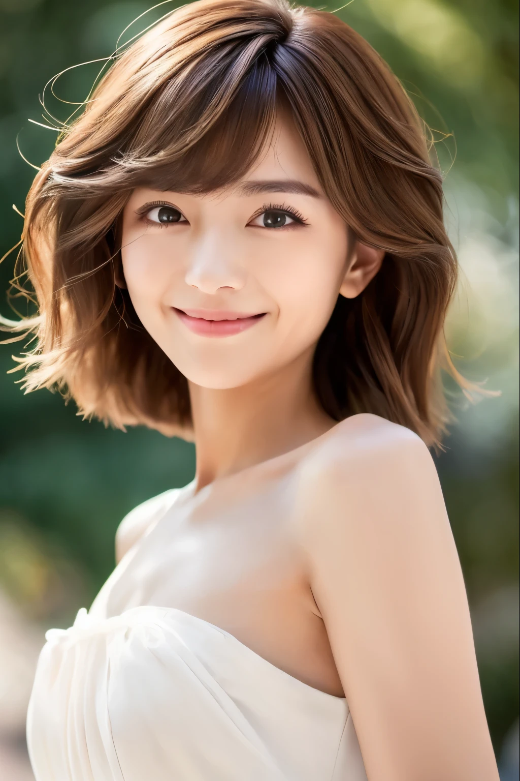 ((Best Quality, 8K, Masterpiece: 1.3)), 1 Girl, Slim Abs Beauty: 1.3, (Hairstyle Brown Hair Shortcut, Big: 1.2), Dress: 1.1, Super Slender Face, Delicate Eyes, Double Eyelids, Smile, Home, Raw Photo