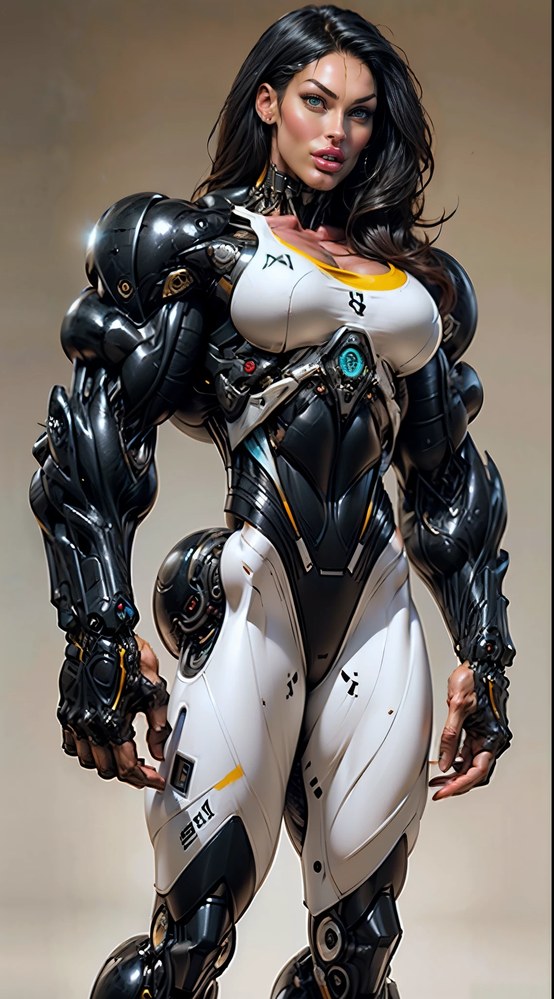 Cybernetic woman, metal body, red lines across humanoid body, full breasts, no clothes, prepared for battle, red eyes