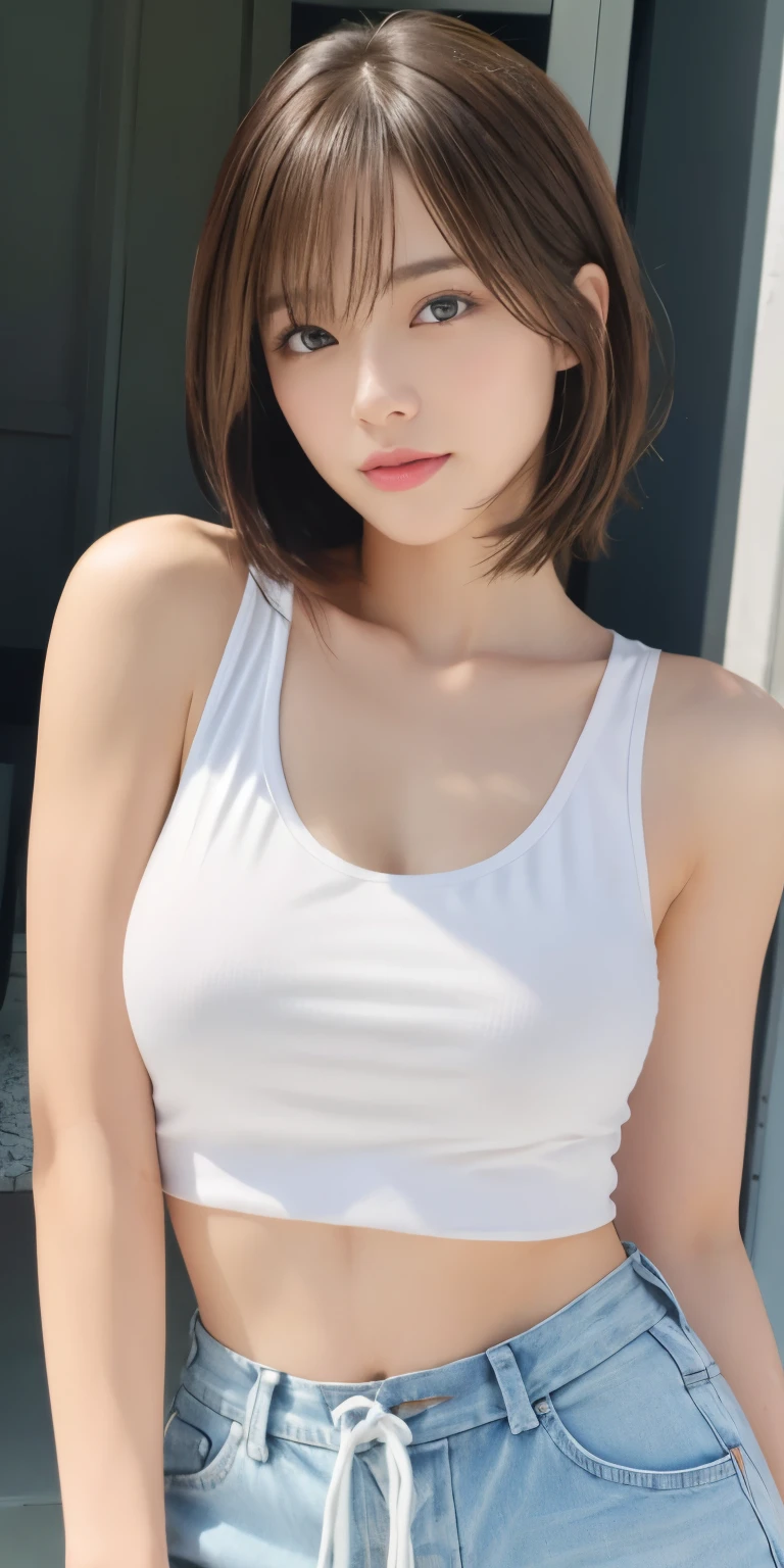 Photoreal、Masseter muscle part、highest quality、High resolution、RAW photo、realistic、bright lighting、face light、smooth professional lighting、japanese woman、Beautiful woman、modeled、gravure、sexy、super beautiful、realistic and beautiful skin、beautiful and detailed eyes、detailed face、slim、、short hair、brunette colored hair、brown eyes、looking at camera、white tank top、shorts、pose for a photo