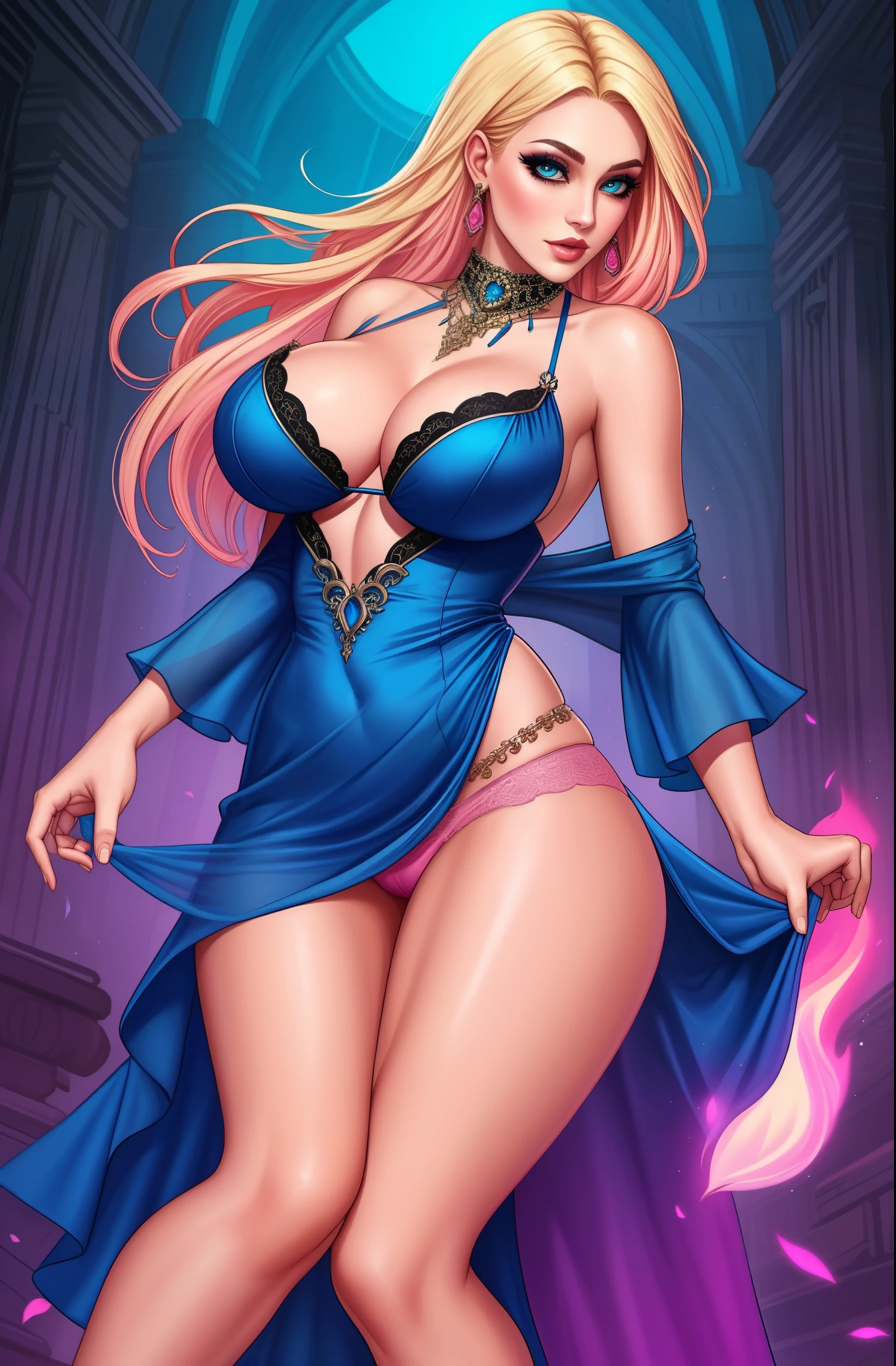 punk sorceress, long blue dress, leg slit, panty shot, panty slip, wardrobe malfunction, pink panties, blonde hair