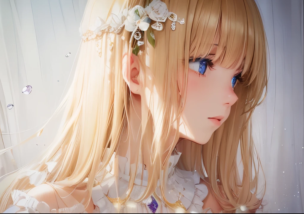 (masterpiece),((highest quality)),(official art),(beautiful and luxurious:1.2),(1 girl:1.3),Facial expressions that close the eyes,small breasts,((blonde beauty)),、break,Beautiful woman in white Japanese clothes,Transparency,short hair,Detail view。Bright colors。Colorful、viewersviewing,most detailed ((Super detailedな)),(Highly detailed 2D illustrations),((very delicate and beautiful))Super detailed