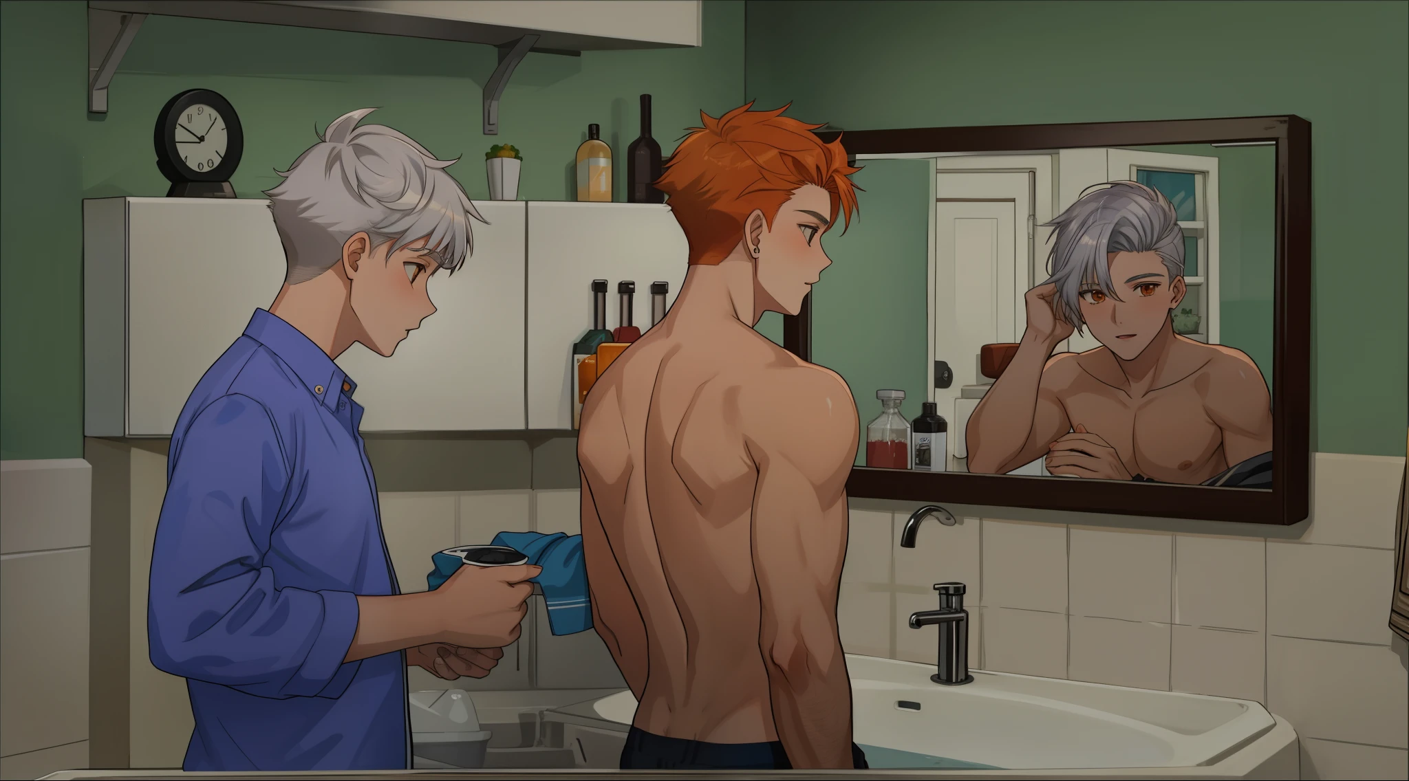 There are two boys with silver hair and orange hair., el de cabello plateado cura las heridas de la espalda del chico sin camisa