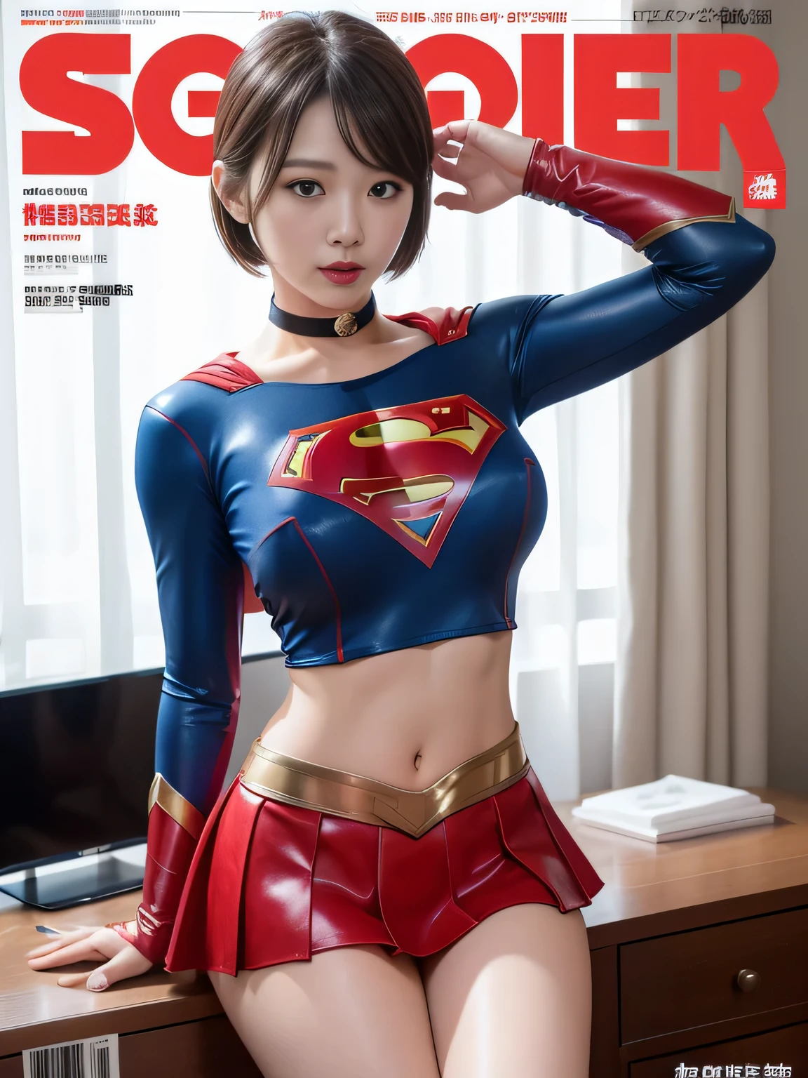 masterpiece、supergirl costume、short hair、barefoot、big and full breasts、Crisis situation、operating room、operating table、straddle、Sweat、shiny、look at the camera、provoke、Estrus、choker、Weekly magazine cover、long sleeve、red mini skirt、obscene pose、Seduce、