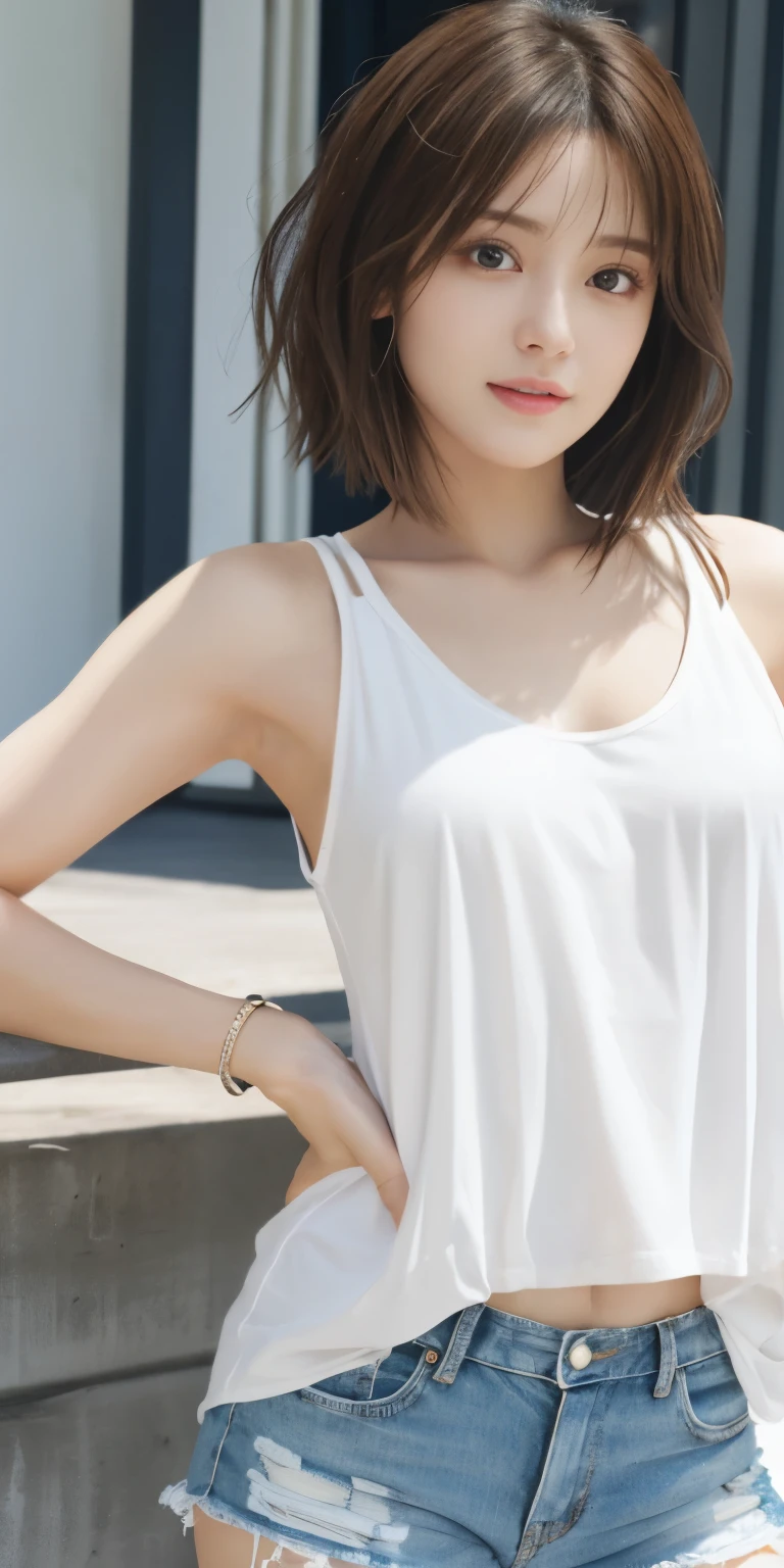 Photoreal、Masseter muscle part、highest quality、High resolution、RAW photo、realistic、bright lighting、face light、smooth professional lighting、japanese woman、Beautiful woman、modeled、gravure、sexy、super beautiful、realistic and beautiful skin、beautiful and detailed eyes、detailed face、slim、、short hair、brunette colored hair、brown eyes、looking at camera、white tank top、shorts、pose for a photo