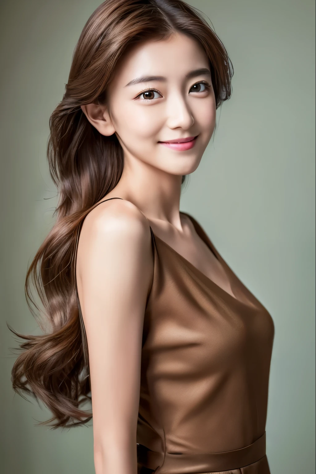 ((Best Quality, 8K, Masterpiece: 1.3)), 1 Girl, Slim Abs Beauty: 1.3, (Hairstyle Brown long Hair, Big: 1.2), Dress: 1.1, Super Slender Face, Delicate Eyes, Double Eyelids, Smile, Home, Raw Photo