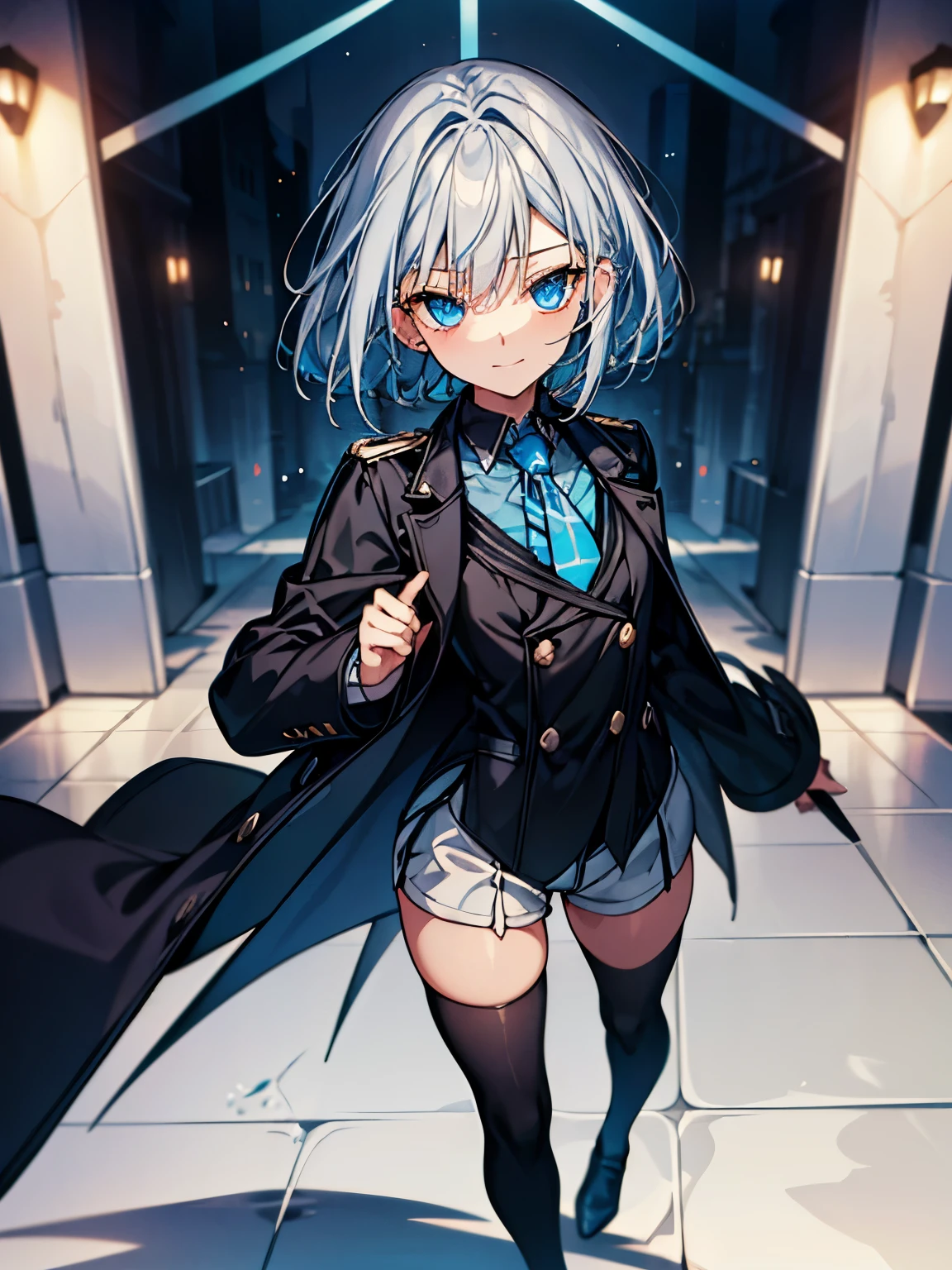 ((highest quality)), ((masterpiece)), ((super detailed)), (very delicate and beautiful), with a girl, solo, cold attitude,((black jacket)),she is very(relax)with(Calm)Appearance,black haired, Depth of the bounds written,evil smile,bubble, underwater, bubbles,bright light blue eyes,Inner color of light gray hair and light blue tips,,,,,,cold background,Bob Hair - Linear Art, shorts、knee high socks、white uniform like school uniform、light blue ribbon tie、My clothes are transparent、put one&#39;s hand in one&#39;s pocket、Eyes that shine like sapphires,Fronresse Blue, A small blue light was floating、upper eye、broken glass、snowflake hair ornament