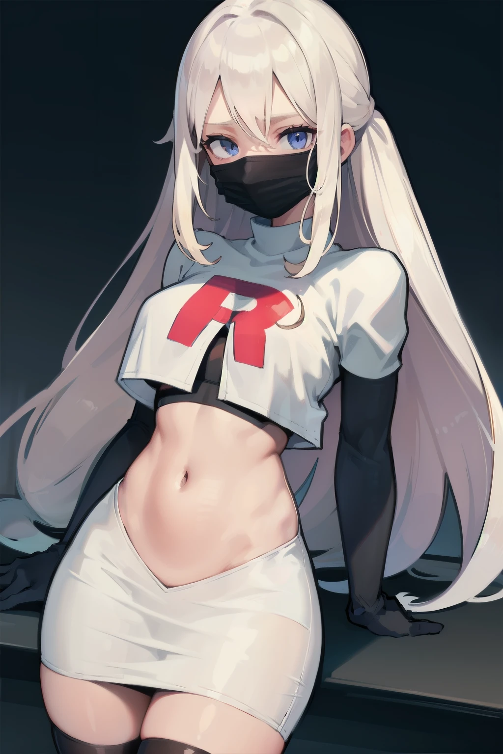 black nurse, 1womanl, Nurse Cap, blonde  hair, Blue eyes, ((Black surgical mask, Cover the nose)), hospitals, surgery room, sharp outline, a matural female, 35 year old, Best Quality, masutepiece, team rocket,team rocket uniform, red letter R, white skirt,white crop top,black thigh-highs,black elbow gloves