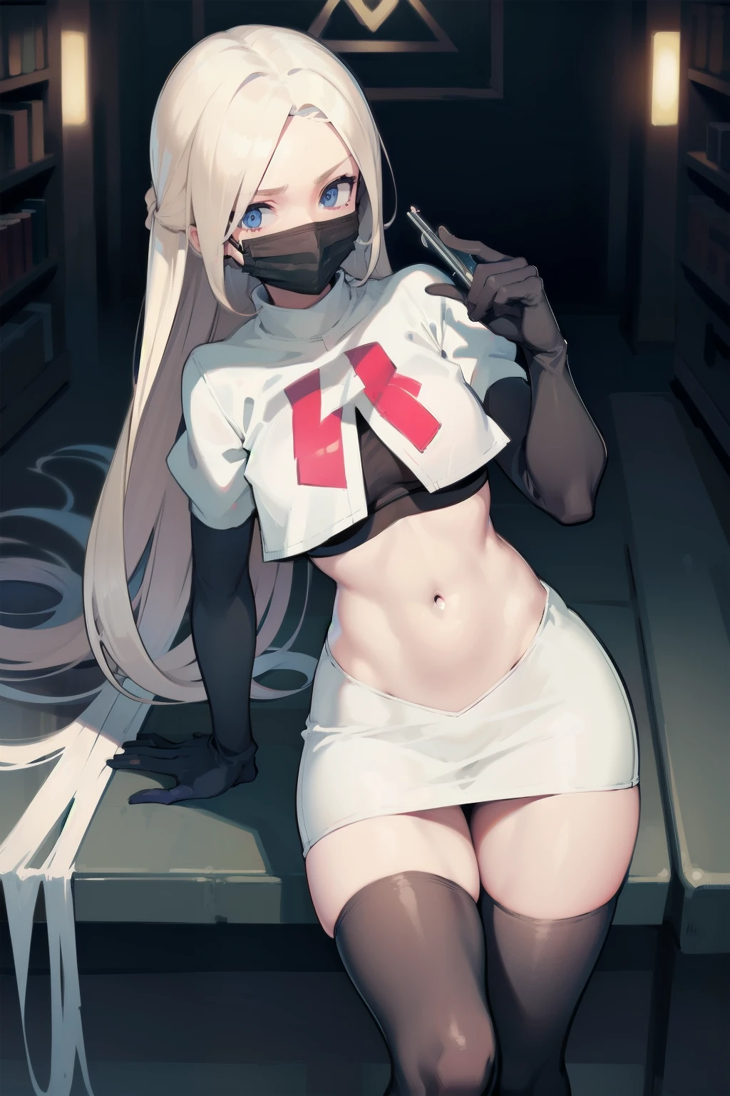 black nurse, 1womanl, Nurse Cap, blonde hair, Blue eyes, ((Black surgical mask, Cover the nose)), hospitals, surgery room, sharp outline, a matural female, 35 year old, Best Quality, masutepiece, team rocket,team rocket uniform, red letter R, white skirt,white crop top,black thigh-highs,black elbow gloves