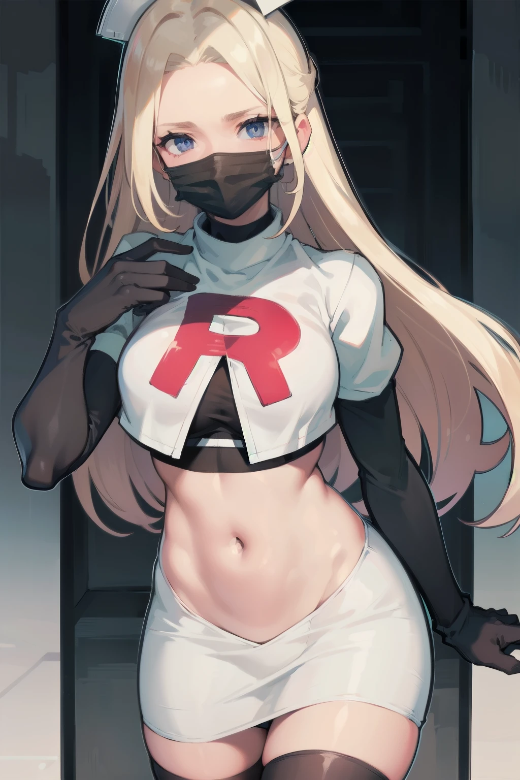 black nurse, 1womanl, Nurse Cap, blonde  hair, Blue eyes, ((Black surgical mask, Cover the nose)), hospitals, surgery room, sharp outline, a matural female, 35 year old, Best Quality, masutepiece, team rocket,team rocket uniform, red letter R, white skirt,white crop top,black thigh-highs,black elbow gloves