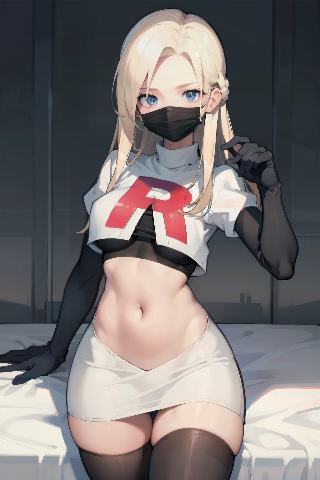 black nurse, 1womanl, Nurse Cap, blonde hair, Blue eyes, ((Black surgical mask, Cover the nose)), hospitals, surgery room, sharp outline, a matural female, 35 year old, Best Quality, masutepiece, team rocket,team rocket uniform, red letter R, white skirt,white crop top,black thigh-highs,black elbow gloves
