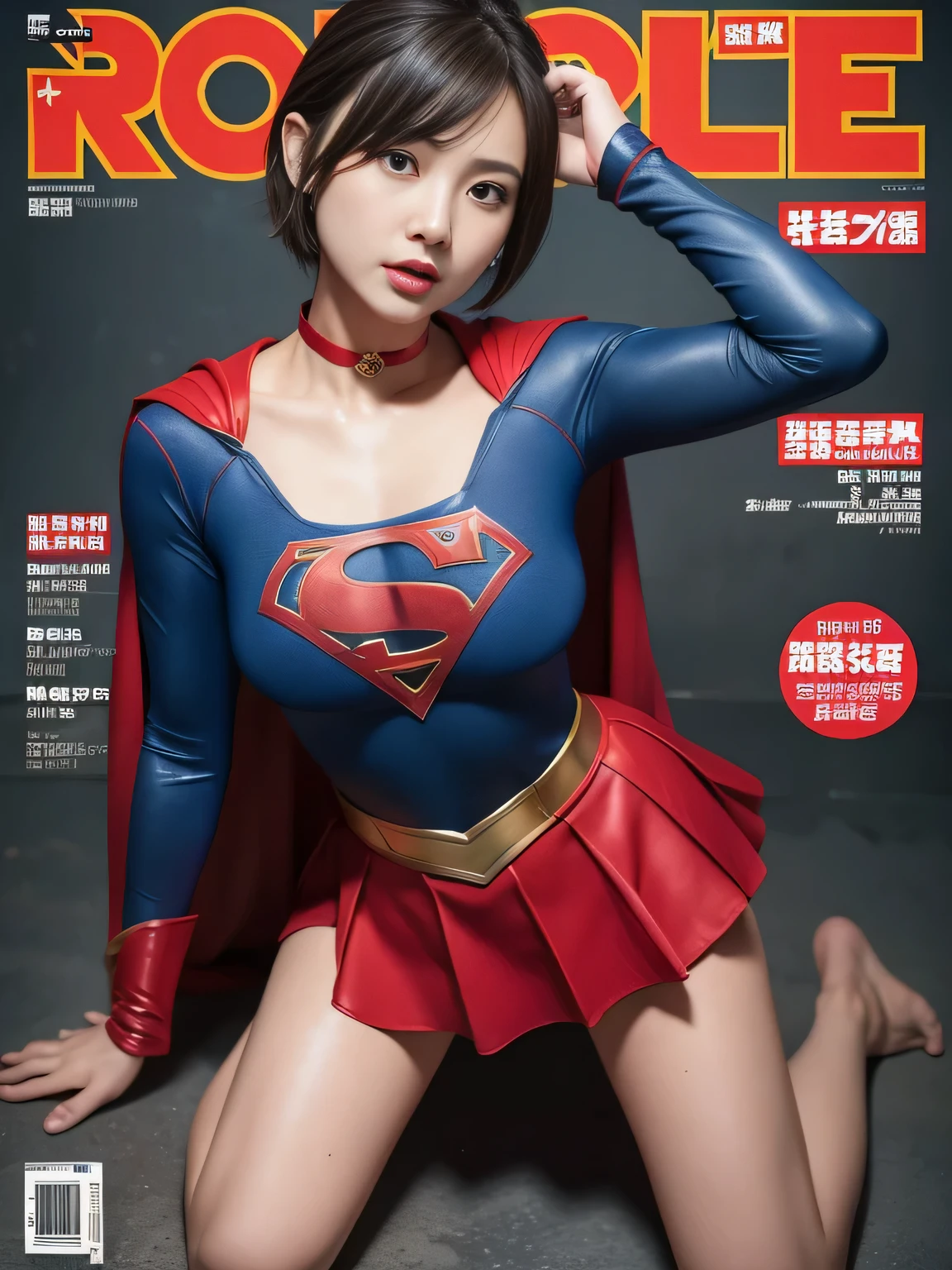 masterpiece、supergirl costume、short hair、barefoot、big and full breasts、Crisis situation、operating room、operating table、straddle、Sweat、shiny、look at the camera、provoke、Estrus、choker、Weekly magazine cover、long sleeve、red mini skirt、obscene pose、Seduce、
