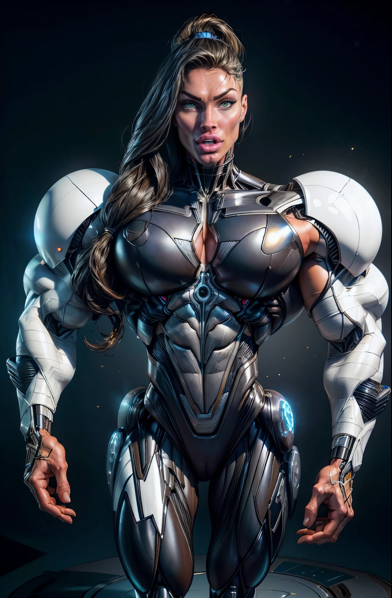 (1 girl), (megan fox:1.25), (muscular android girl wearing a black anatomic cybernetic muscle suit:1.25), (wide shoulders:1.25), (muscular defined physique:1.25), perfect hands, long hair, large breasts, high resolution image, extreme detail, blank background