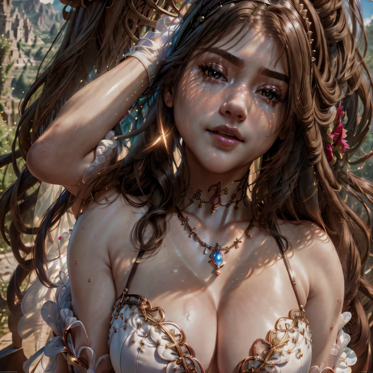 high level of detail, best quality, masterpiece, 1girl, garnet-smf, jewelry, solo, necklace, dress, long hair, tiara, breasts, brown eyes, gloves, brown hair, elbow gloves, cleavage, bare shoulders, medium breasts, white dress, strapless, wedding dress, white gloves, lips, strapless dress, princess ,lips, black hair, skin tight, cowboy shot, collarbone, low-tied long hair, outdoors, castle, clouds, garnet from final fantasy 9, (masterpiece, best quality:1.2),(8k,highres,RAW photo,realistic,photo-realistic:1.3),(detailed skin texture,detailed cloth texture,beautiful detailed face:1.25),professional lighting,photon mapping,beautiful soft light,radiosity,physically-based rendering,model shoot style, model shoot style, (extremely detailed CG unity 8k wallpaper), full shot body photo of the most beautiful artwork in the world, complex 3d render ultra detailed, looking at viewer, 18 yo, wet hair, real human skin, vibrant details, hyperrealistic, beautiful, octane render, 8k, best quality, masterpiece, an extremely delicate and beautiful, extremely detailed ,CG ,unity ,wallpaper, (realistic, photo-realistic:1.37),Amazing, finely detail, masterpiece,best quality,official art, extremely detailed CG unity 8k wallpaper ,extreme detailed eyes, (perfect face), shiny skin, colorful, highest detailed, vibrant colors, ultra high res, (high contrast), intricate, lens flare,