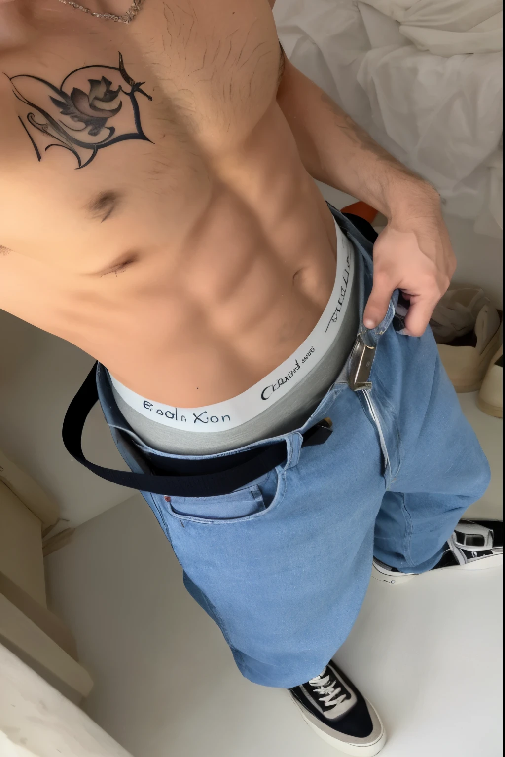 Arafed man with a tattoo on his chest and a belt around his waist., tendencia en r/ropa de calle, Photograph by Calvin Kleiny, cintura expuesta, Photograph by Calvin Klein, bralette, ombligo mostrando, acercarse a un flaco, baggy vaqueros, adon&#39;s belt, al estilo de juergen teller, Canon en el pecho, vaqueros, realmente realista, entintado