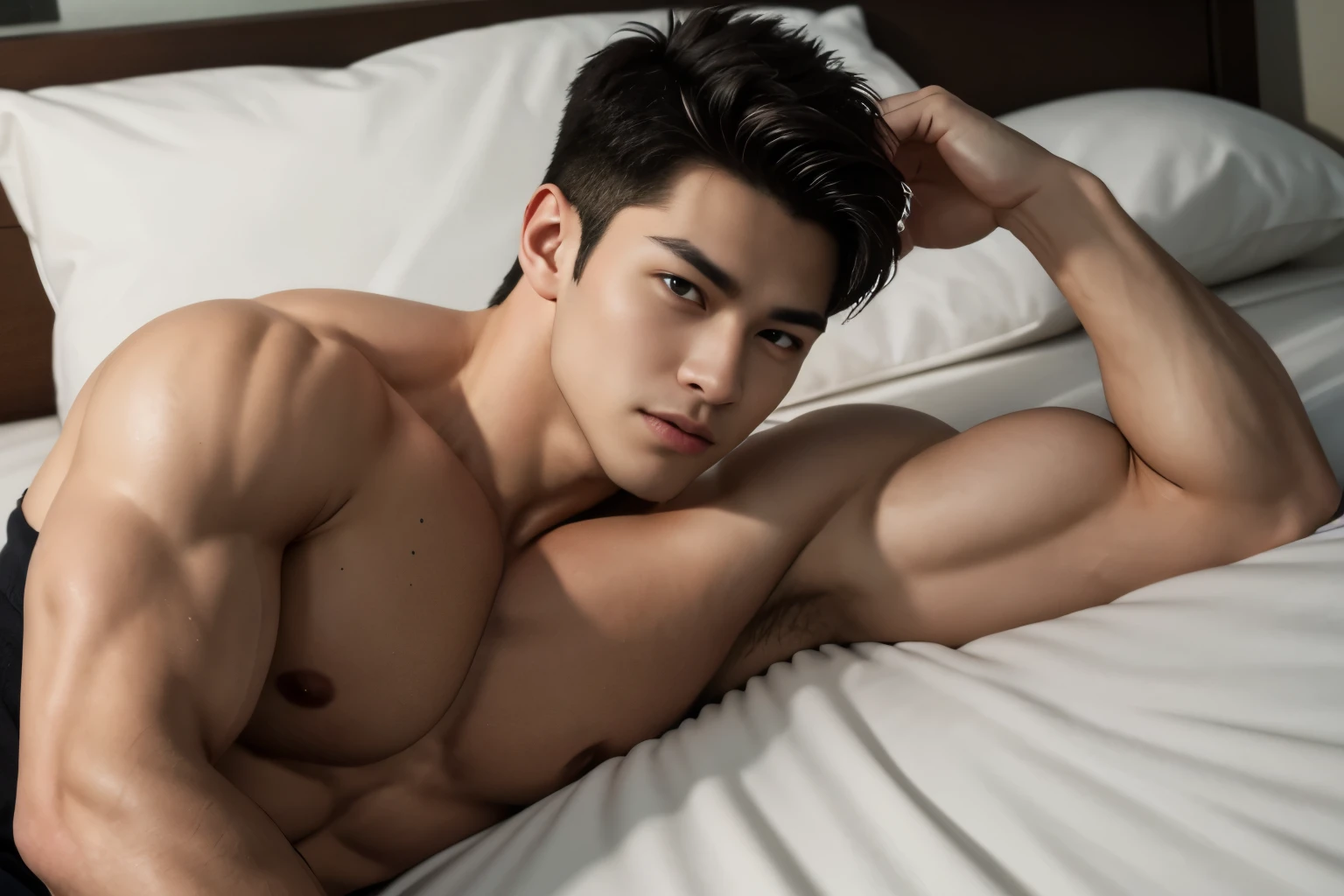 Handsome, muscular young man laying on the bed, resting on his elbow,