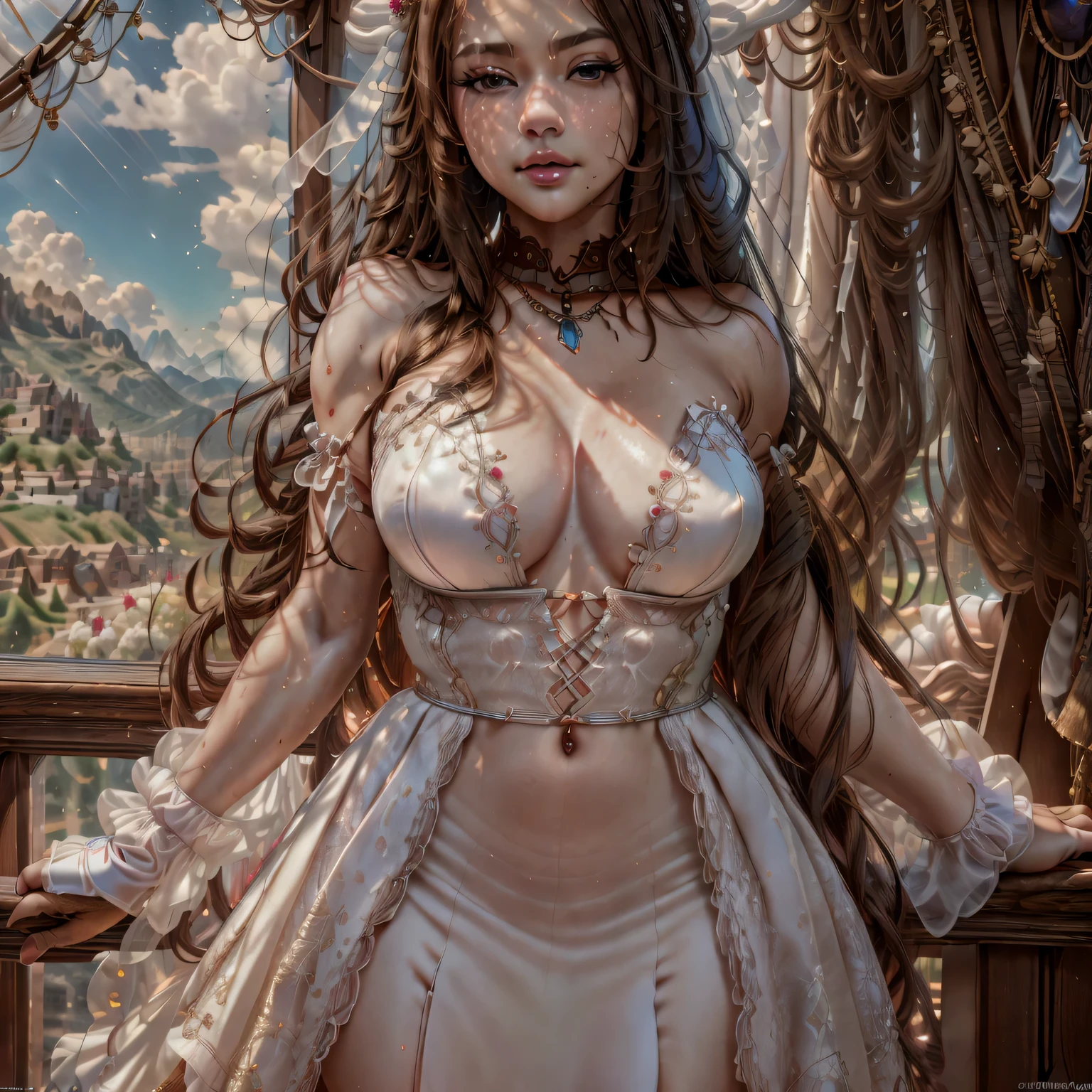 high level of detail, best quality, masterpiece, 1girl, garnet-smf, jewelry, solo, necklace, dress, long hair, tiara, breasts, brown eyes, gloves, brown hair, elbow gloves, cleavage, bare shoulders, medium breasts, white dress, strapless, wedding dress, white gloves, lips, strapless dress, princess ,lips, black hair, skin tight, cowboy shot, collarbone, low-tied long hair, outdoors, castle, clouds, garnet from final fantasy 9, (masterpiece, best quality:1.2),(8k,highres,RAW photo,realistic,photo-realistic:1.3),(detailed skin texture,detailed cloth texture,beautiful detailed face:1.25),professional lighting,photon mapping,beautiful soft light,radiosity,physically-based rendering,model shoot style, model shoot style, (extremely detailed CG unity 8k wallpaper), full shot body photo of the most beautiful artwork in the world, complex 3d render ultra detailed, looking at viewer, 18 yo, wet hair, real human skin, vibrant details, hyperrealistic, beautiful, octane render, 8k, best quality, masterpiece, an extremely delicate and beautiful, extremely detailed ,CG ,unity ,wallpaper, (realistic, photo-realistic:1.37),Amazing, finely detail, masterpiece,best quality,official art, extremely detailed CG unity 8k wallpaper ,extreme detailed eyes, (perfect face), shiny skin, colorful, highest detailed, vibrant colors, ultra high res, (high contrast), intricate, lens flare,