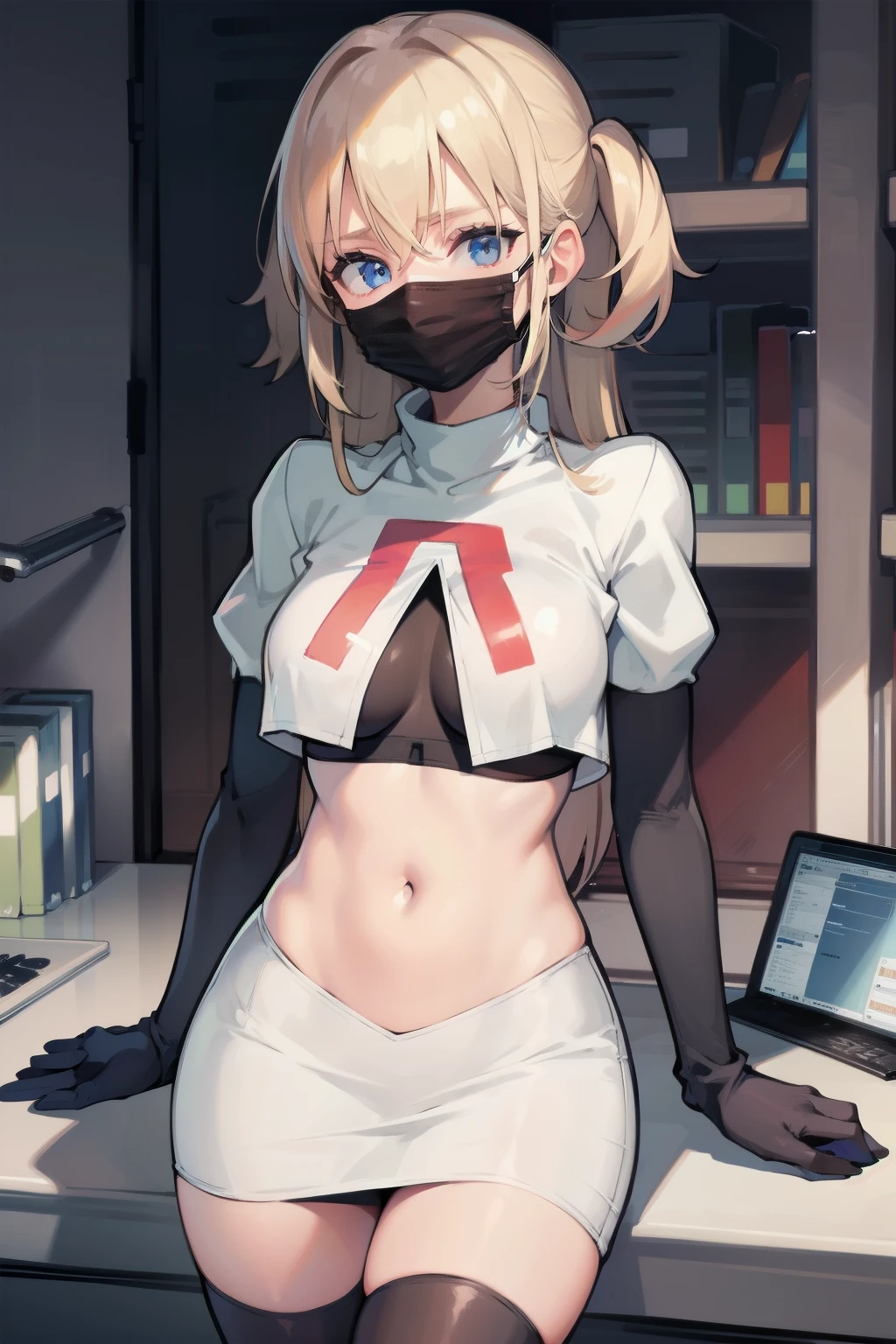 black nurse, 1womanl, Nurse Cap, blonde  hair, Blue eyes, ((Black surgical mask, Cover the nose)), hospitals, surgery room, sharp outline, a matural female, 35 year old, Best Quality, masutepiece, team rocket,team rocket uniform, red letter R, white skirt,white crop top,black thigh-highs,black elbow gloves