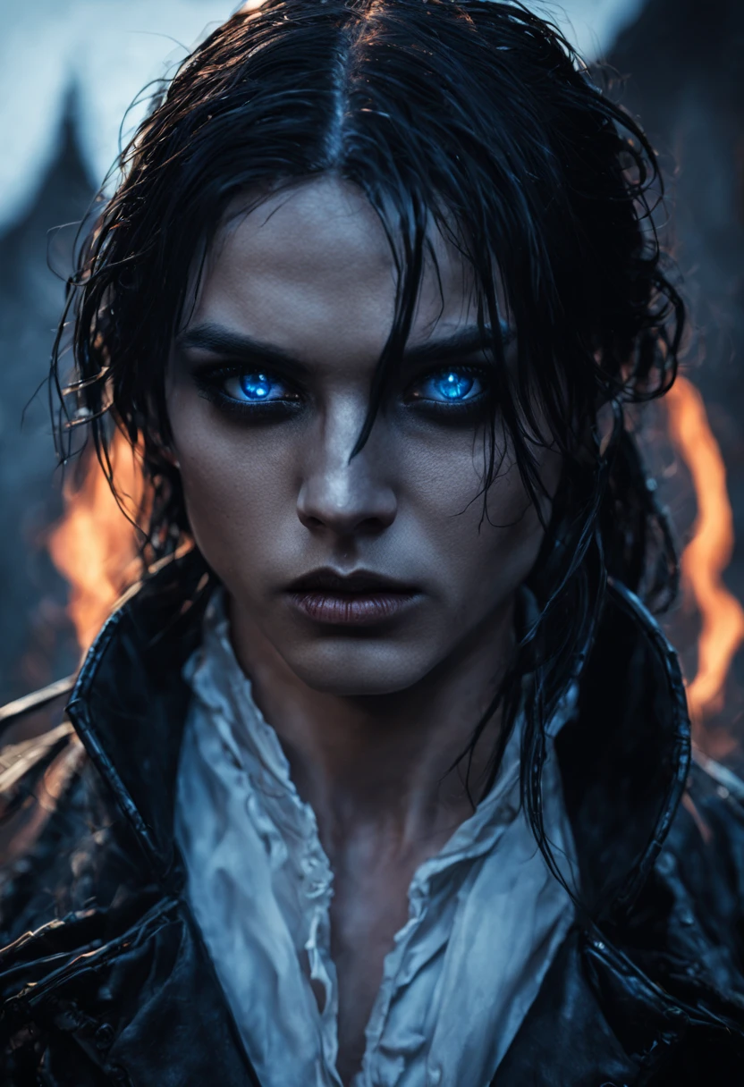 1 Woman, adult, Woman, black hair, Woman, finely detailed eyes, portrait, looking at viewer, alone, detailed face, (Bloody Horror), pale, rough dark black leather clothing, gothic setting, discretion, disguised, night, shadows, mistborn, (Dutch angle), closed mouth, pale white skin, undead, reborn, ghost, Bright blue eyes, glowing eyes, LUMINOUS SHINING EYES, man with long black hair, black hair, Long hair tied up, with a bright blue eye with black veins, Wear a long black jacket, Like a blood hunter, vampire, On his back, he carries a spear, She is enveloped in flames and is fighting various monsters of the night, embodying a tough battle to protect Barovia and its inhabitants. Anime from the 80s still, retro fashion, Dungeon and Dragons Character Dark Fantasy Digital Art Muted Pastel Colors, muted retro colors, CRT TV Screen by Tsukasa Hojo and Toshihiro Kawamoto -
INFO
Size
832X1216
Date
Oct 9, 2023
Mode
Studio
Type
upscale
comments)