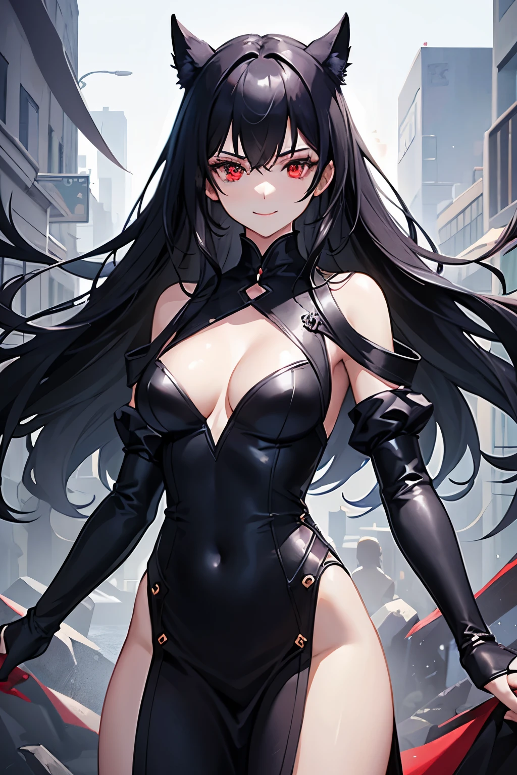 1 girl, No sleeve, highest quality, be familiar with, open-chested dress, good, Best shaders, tight dress, looking at the viewer, long black hair, elegant, beautiful face,from the waist up,fearless smile,Evil Woman Atmosphere,red eyes,It's beautiful