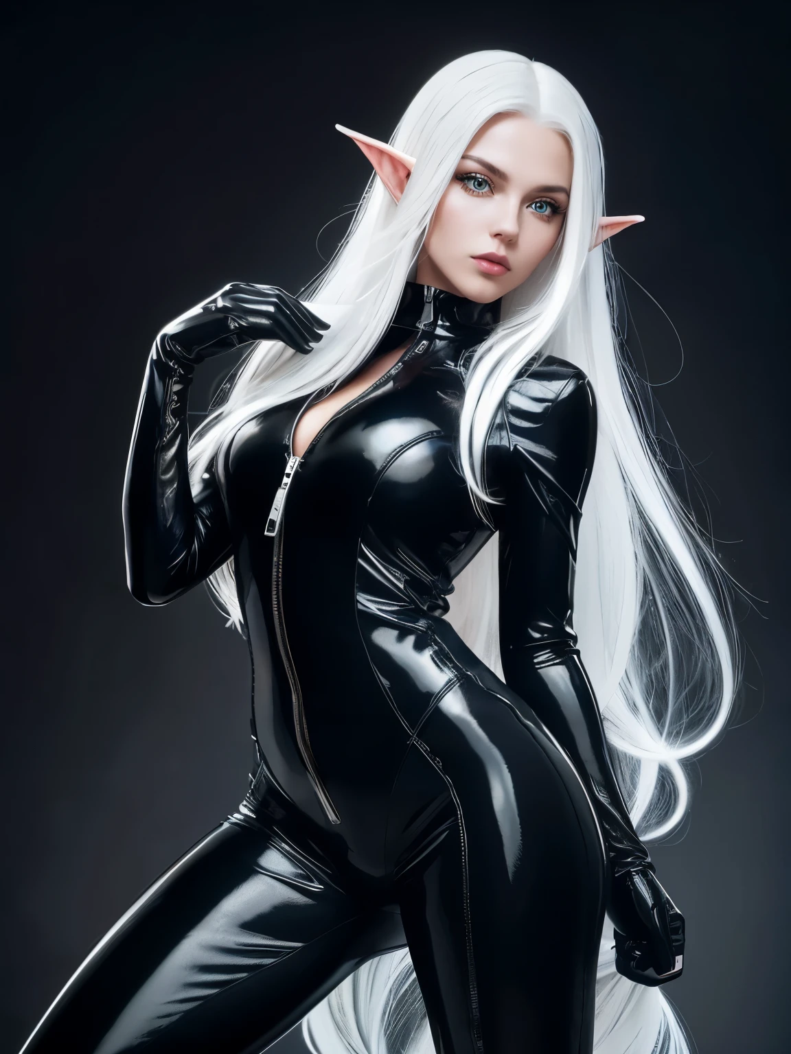 solo, super fine photo, portrait Unreal Engine 5 8K UHD of beautiful girl, elf, long white hair, tight black latex catsuit, With a zipper, in a skin tight black latex outfit, slick black catsuit, black iconic character, smooth black skin, black body, PVC, some black, futuristic glossy latex suit, rubber suit, rubber belts, collar, rubber glove, rubber high boots, arm and leg cuffs, straps, best quality, masterpiece, official art, unified 8k wallpaper, super detailed, sharp focus, dynamic pose, body parts, no extra limbs, precisely anatomy