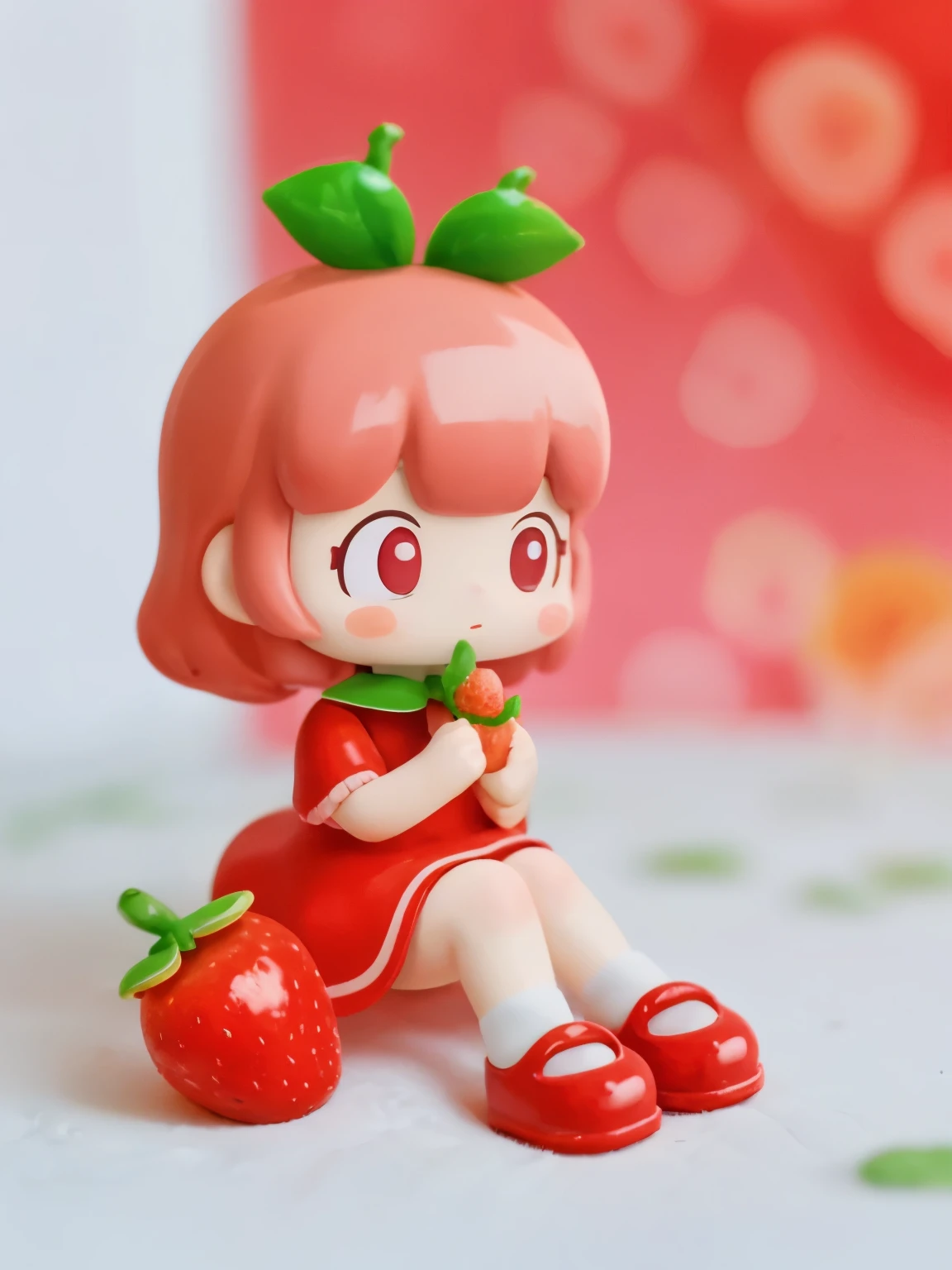 blindbox, 1girl, solo,  sitting,  strawberry, blurry background, blush stickers, red dress, shoes, 
