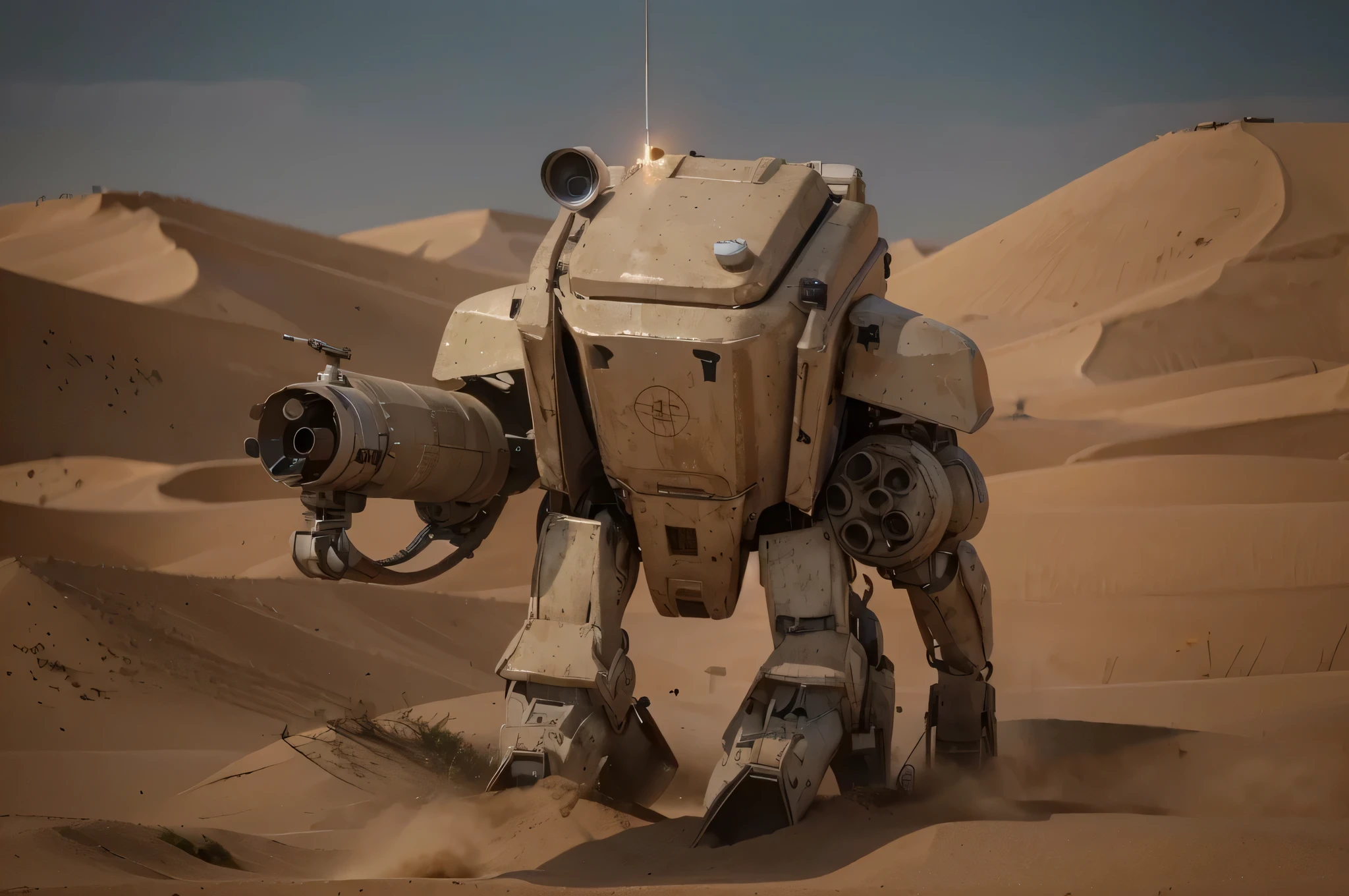 Mechanical robot, sin cabeza, metal pintado de color beige, rectangular, Formas rectas, small window in the front, tiene una antena, a lamp, minigun en sus brazos, camina por un campo de batalla en el desierto, greenish atmosphere, modern tanks and vehicles, ahumado, 4k, ultra detallado image, realista, muy detallado, perfect composition, splendid, intrincadamente detallado, incredibly detailed, 8k art photography, hiper detallado, Obra maestra, ultra detallado, hyper realista, 4k, ultra detallado image, realista , muy detallado, perfect composition, splendid, intrincadamente detallado, incredibly detailed, 8k art photography, hiper detallado, Obra maestra