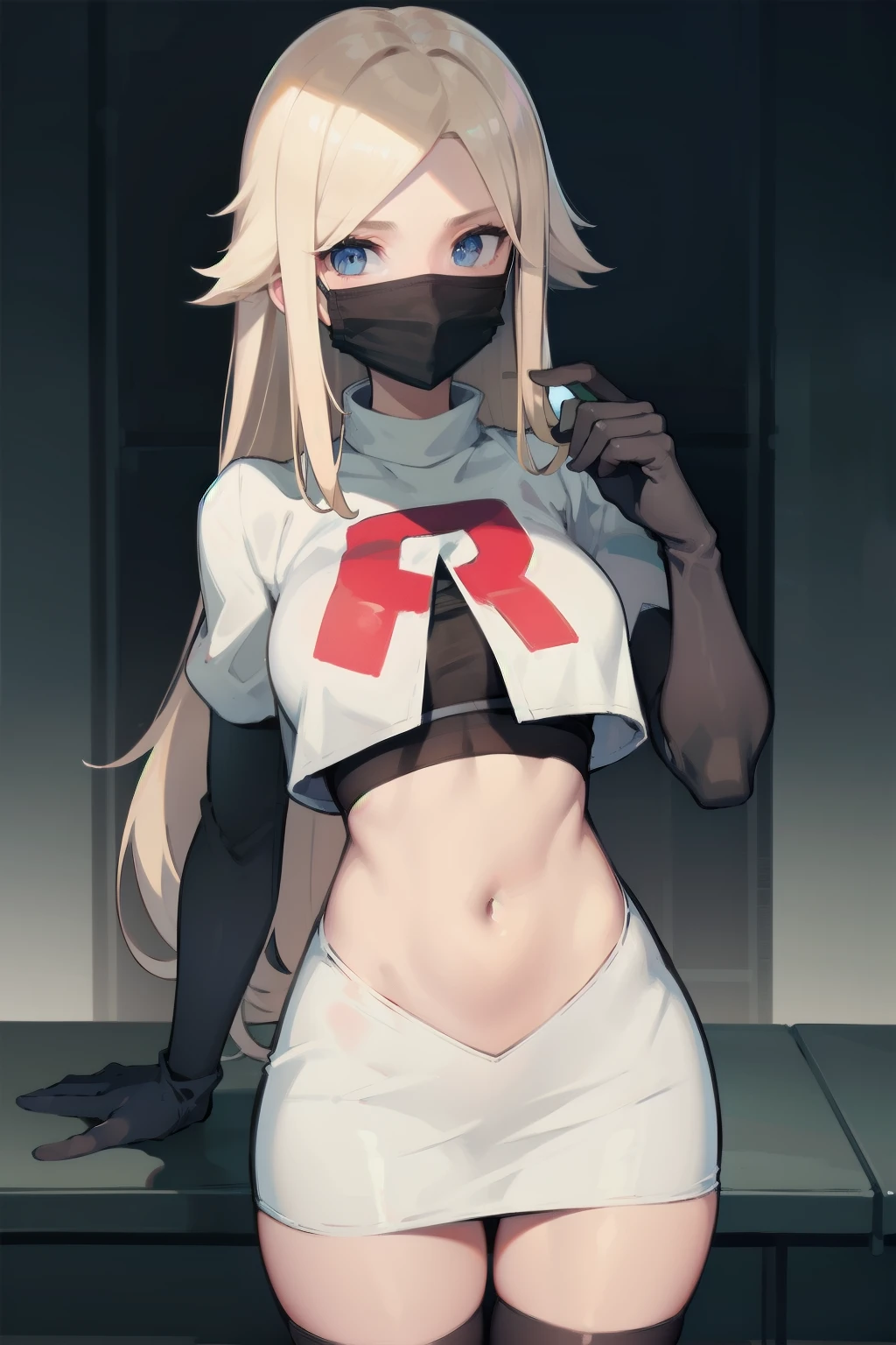 black nurse, 1womanl, Nurse Cap, blonde hair, Blue eyes, ((Black surgical mask, Cover the nose)), hospitals, surgery room, sharp outline, a matural female, 35 year old, Best Quality, masutepiece, team rocket,team rocket uniform, red letter R, white skirt,white crop top,black thigh-highs,black elbow gloves