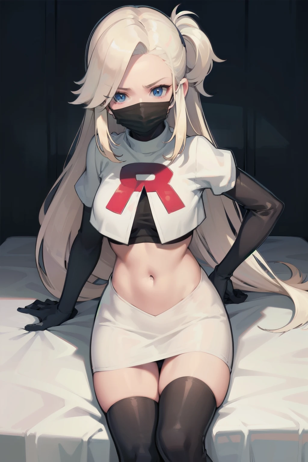 black nurse, 1womanl, Nurse Cap, blonde hair, Blue eyes, ((Black surgical mask, Cover the nose)), hospitals, surgery room, sharp outline, a matural female, 35 year old, Best Quality, masutepiece, team rocket,team rocket uniform, red letter R, white skirt,white crop top,black thigh-highs,black elbow gloves