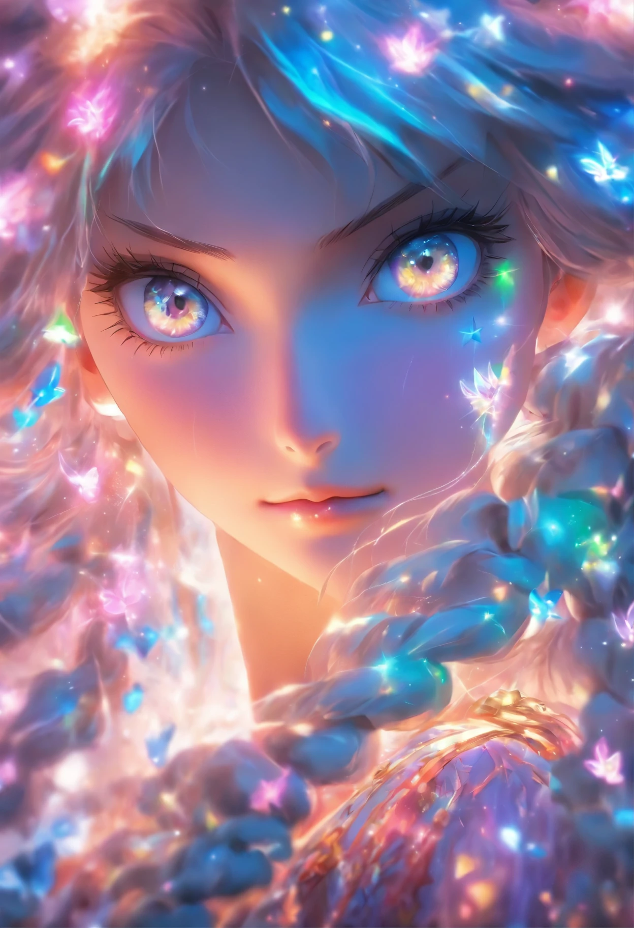 The most important is the detailed depiction of the face that reminds us of a beautiful Ukrainian girl. Make your whole body a crystal angel that emits seven colors of light. Make it a feminine long dress. Hair should be straight long, silver. The face should be Ukrainian beauties. The face should be realistic and human. Don't make it anime-like. Don't make it illustrative. Don't make it look like a 3D model.
