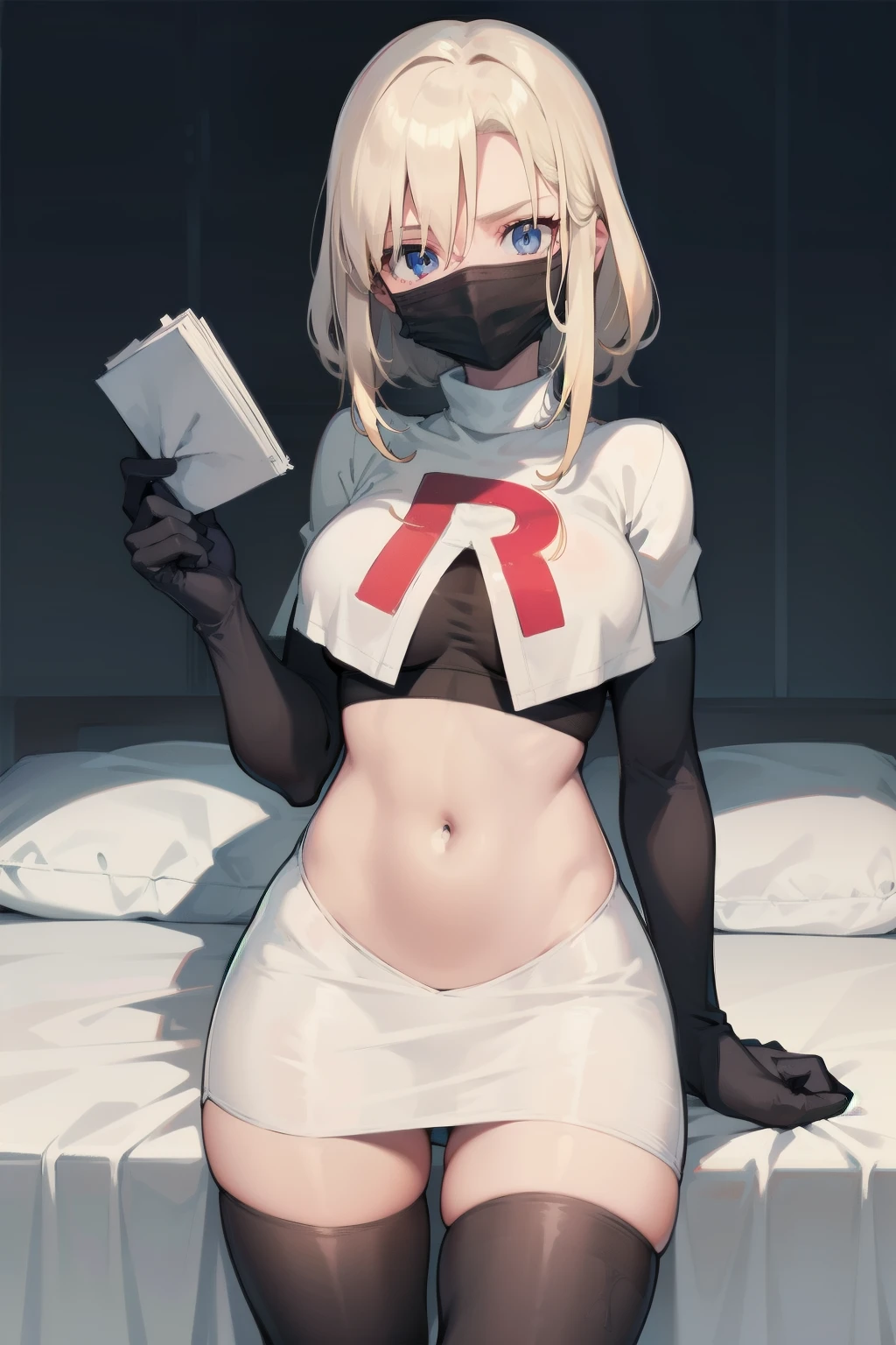 black nurse, 1womanl, Nurse Cap, blonde hair, Blue eyes, ((Black surgical mask, Cover the nose)), hospitals, surgery room, sharp outline, a matural female, 35 year old, Best Quality, masutepiece, team rocket,team rocket uniform, red letter R, white skirt,white crop top,black thigh-highs,black elbow gloves