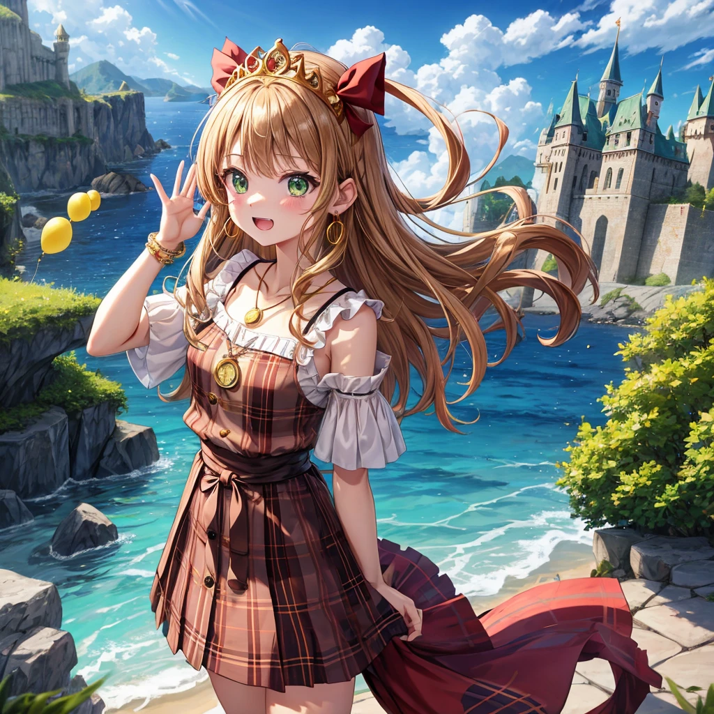 reddish-brown blonde、green eyes、one good looking girl、solo、anime、plaid mini skirt、the skirt has buttons、camisole、black t-shirt、dress、wearing a ribbon、ribbon at waist、cloak、hood、clouds are swirling、stone slabs are piled up、one hand raised、crystal earrings、sun、gold coins are falling、teeth are visible、splash of water、monster castle、have a world map、ceiling、golden key、balloon、jewelry necklace、tiara、sunburn
