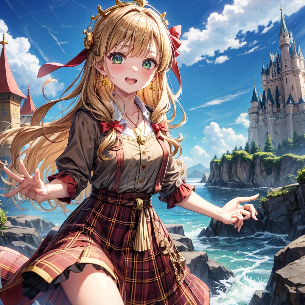 reddish-brown blonde、green eyes、one good looking girl、solo、anime、plaid mini skirt、the skirt has buttons、camisole、black t-shirt、dress、wearing a ribbon、ribbon at waist、cloak、hood、clouds are swirling、stone slabs are piled up、one hand raised、crystal earrings、sun、gold coins are falling、teeth are visible、splash of water、monster castle、have a world map、ceiling、golden key、balloon、jewelry necklace、tiara、sunburn